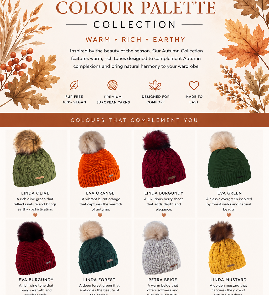 SABBOT Autumn Collection headwear in warm, rich and earthy colours including olive green, burnt orange, burgundy, forest green and mustard