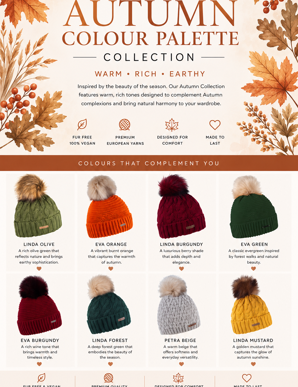 SABBOT Autumn Collection headwear in warm, rich and earthy colours including olive green, burnt orange, burgundy, forest green and mustard