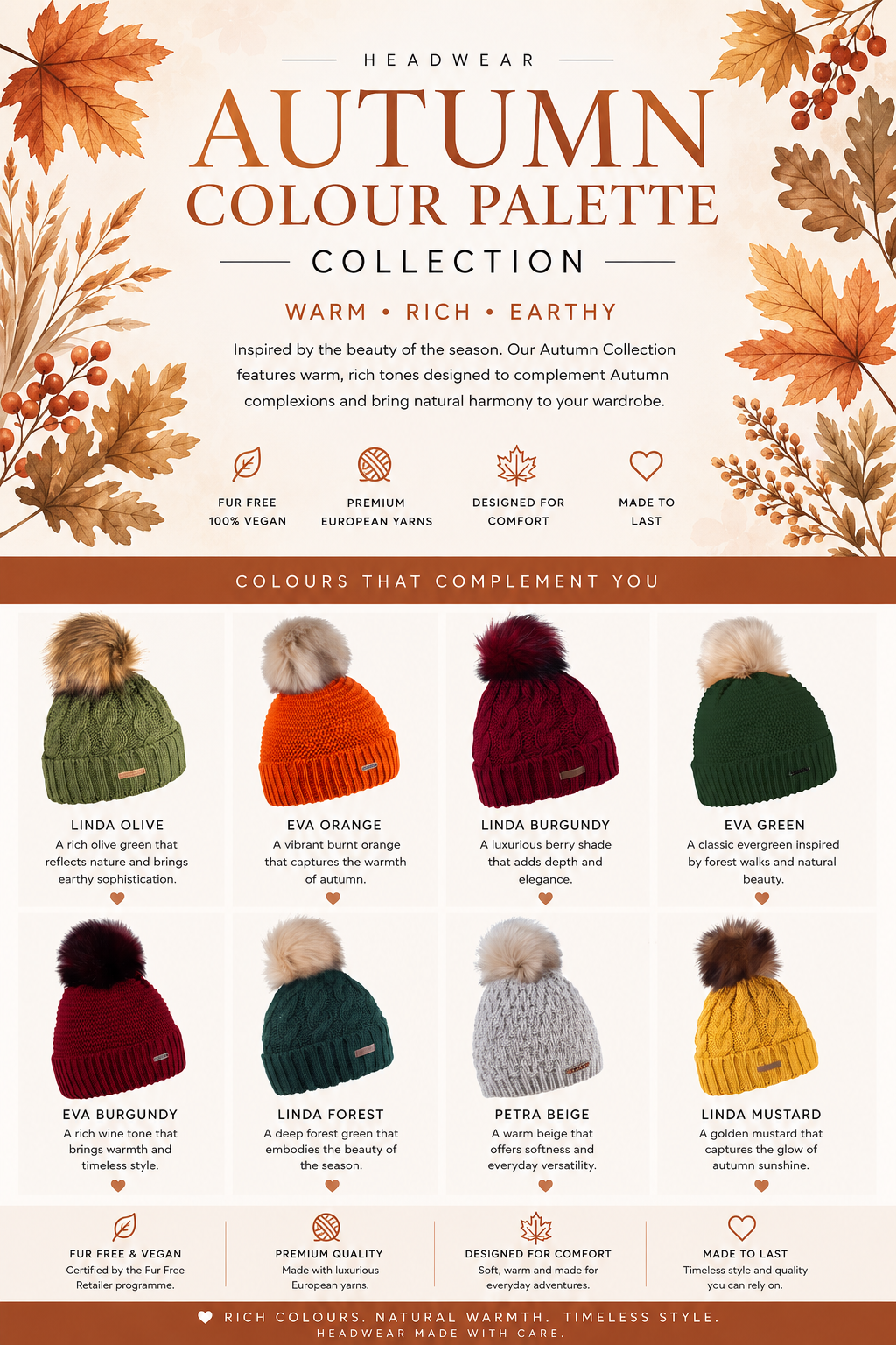 SABBOT Autumn Collection headwear in warm, rich and earthy colours including olive green, burnt orange, burgundy, forest green and mustard