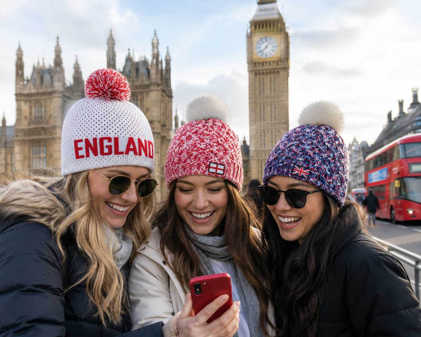 Ladies in London wearing SABBOT patriotic headwear