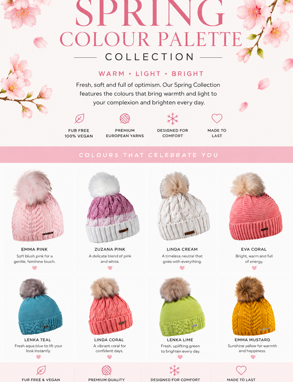 SABBOT Spring Collection headwear in warm, light and bright colours including blush pink, coral, aqua, cream and lime green