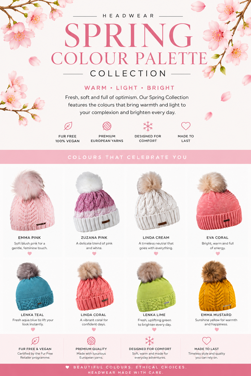 SABBOT Spring Collection headwear in warm, light and bright colours including blush pink, coral, aqua, cream and lime green