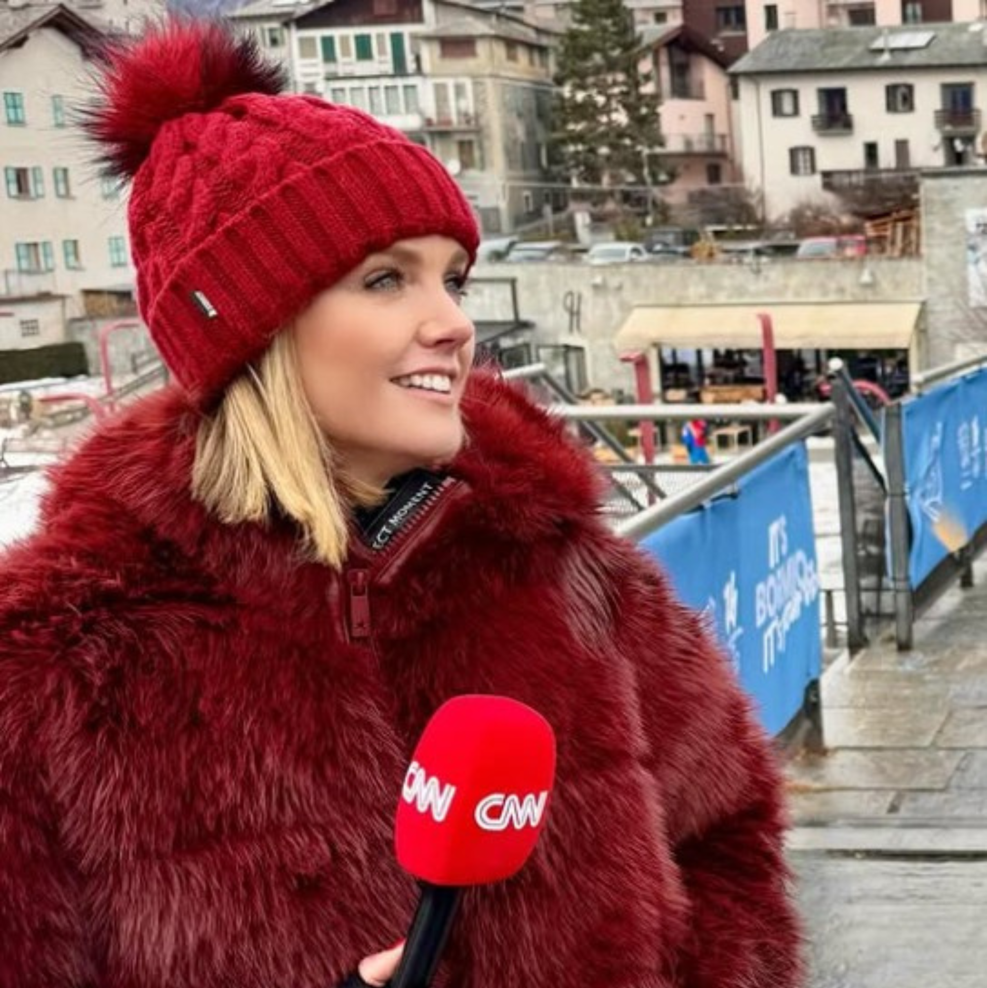 Fabulous Amanda CNN Sports commentator wearing a premium SABBOT knitted bobble hat styled as part of a winter outfit