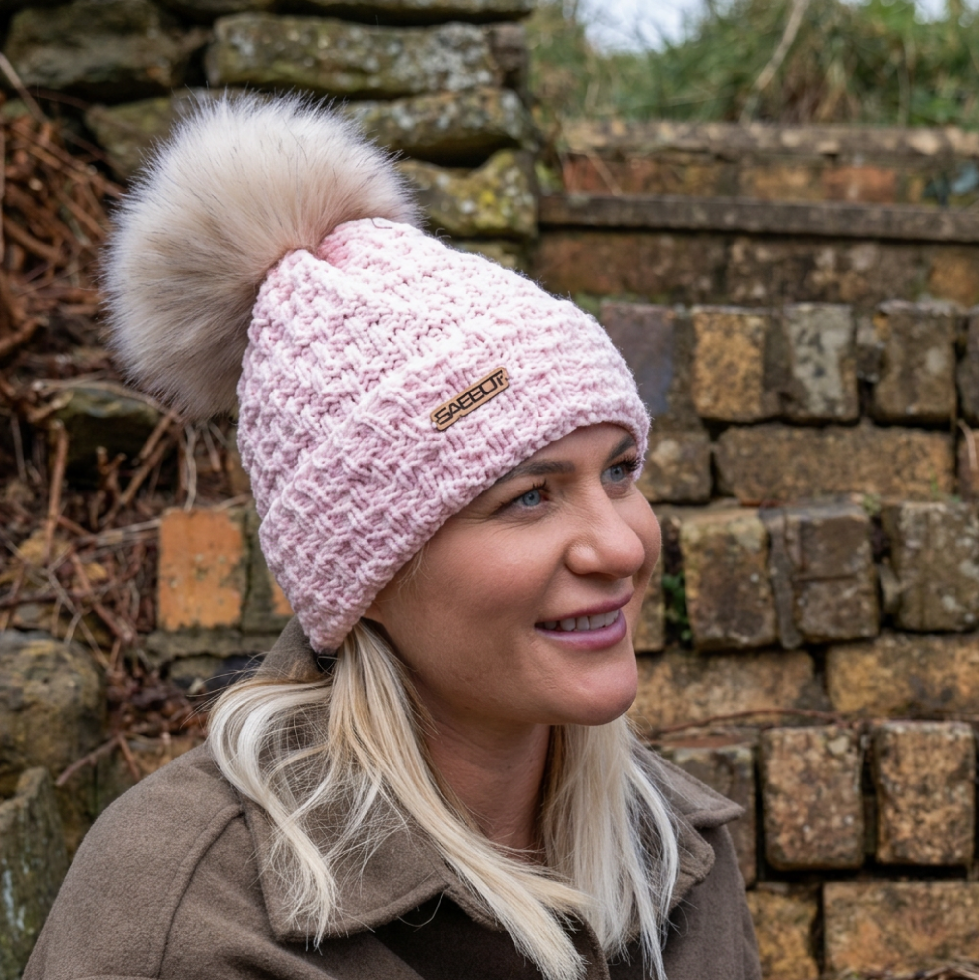 Kate wearing a Petra bobble hat and Linda Snood.