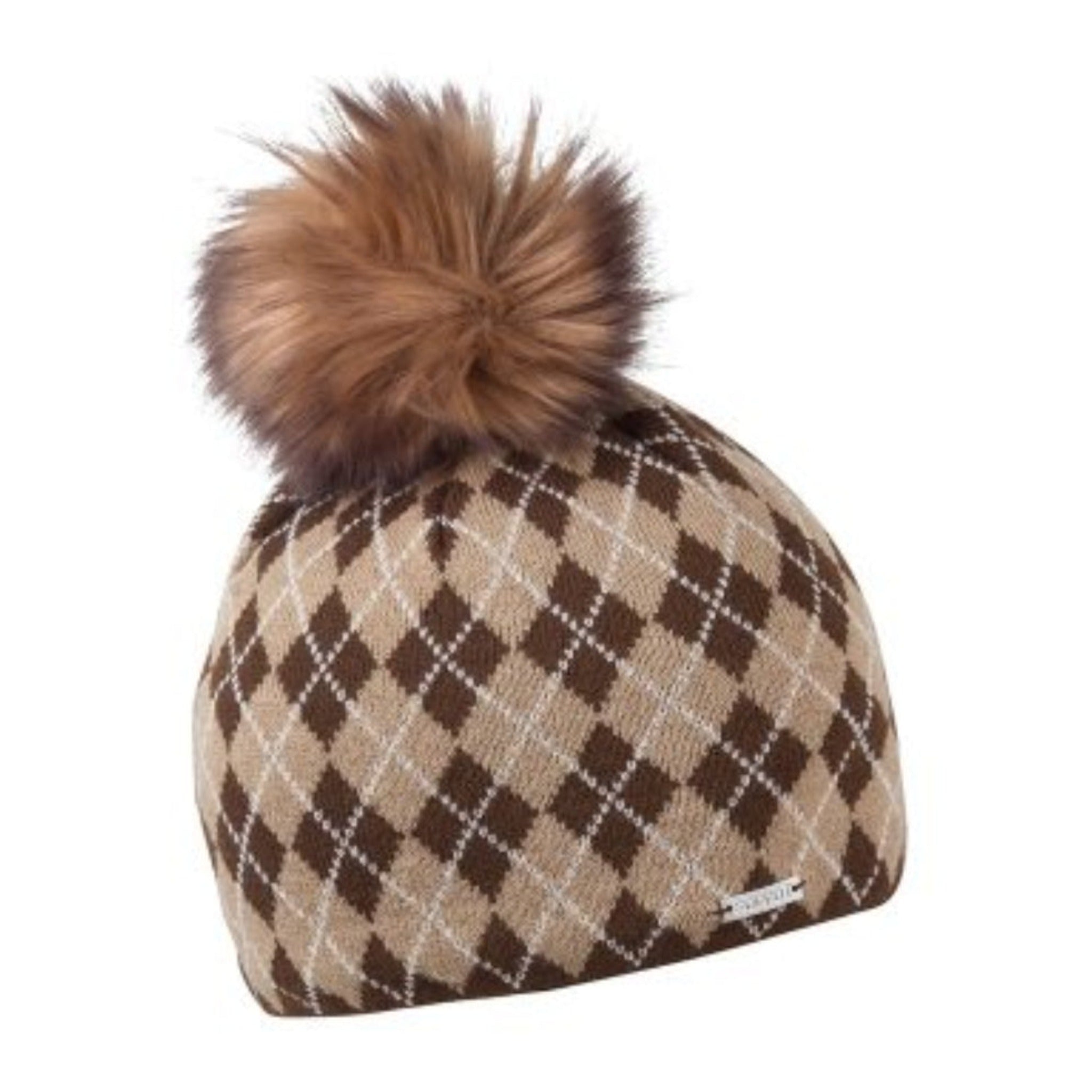 Alice women's tartan intarsia knit bobble hat with faux fur pom pom, by Sabbot
