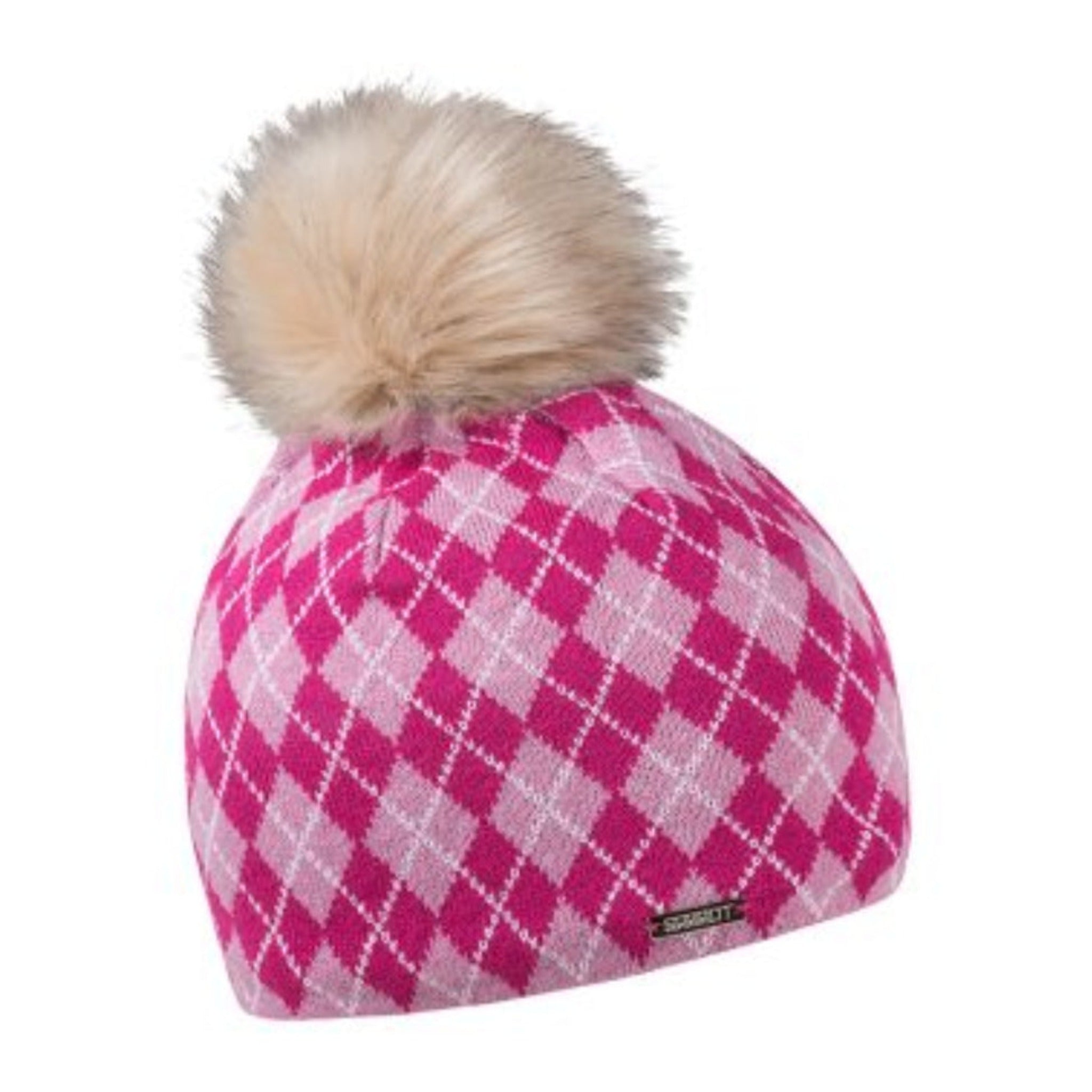Alice women's tartan intarsia knit bobble hat with faux fur pom pom, by Sabbot