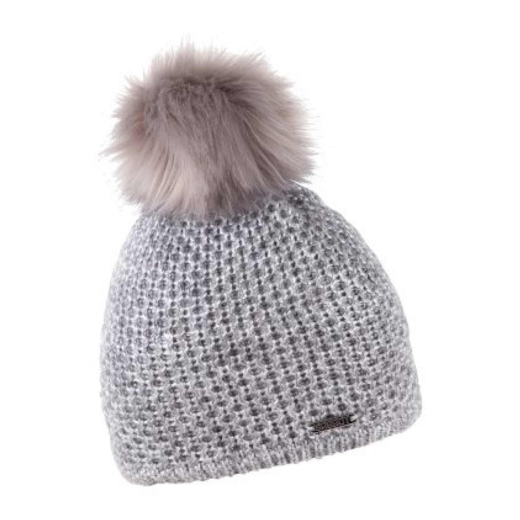 Radka women's shimmer knit bobble hat with faux fur pom pom, by Sabbot