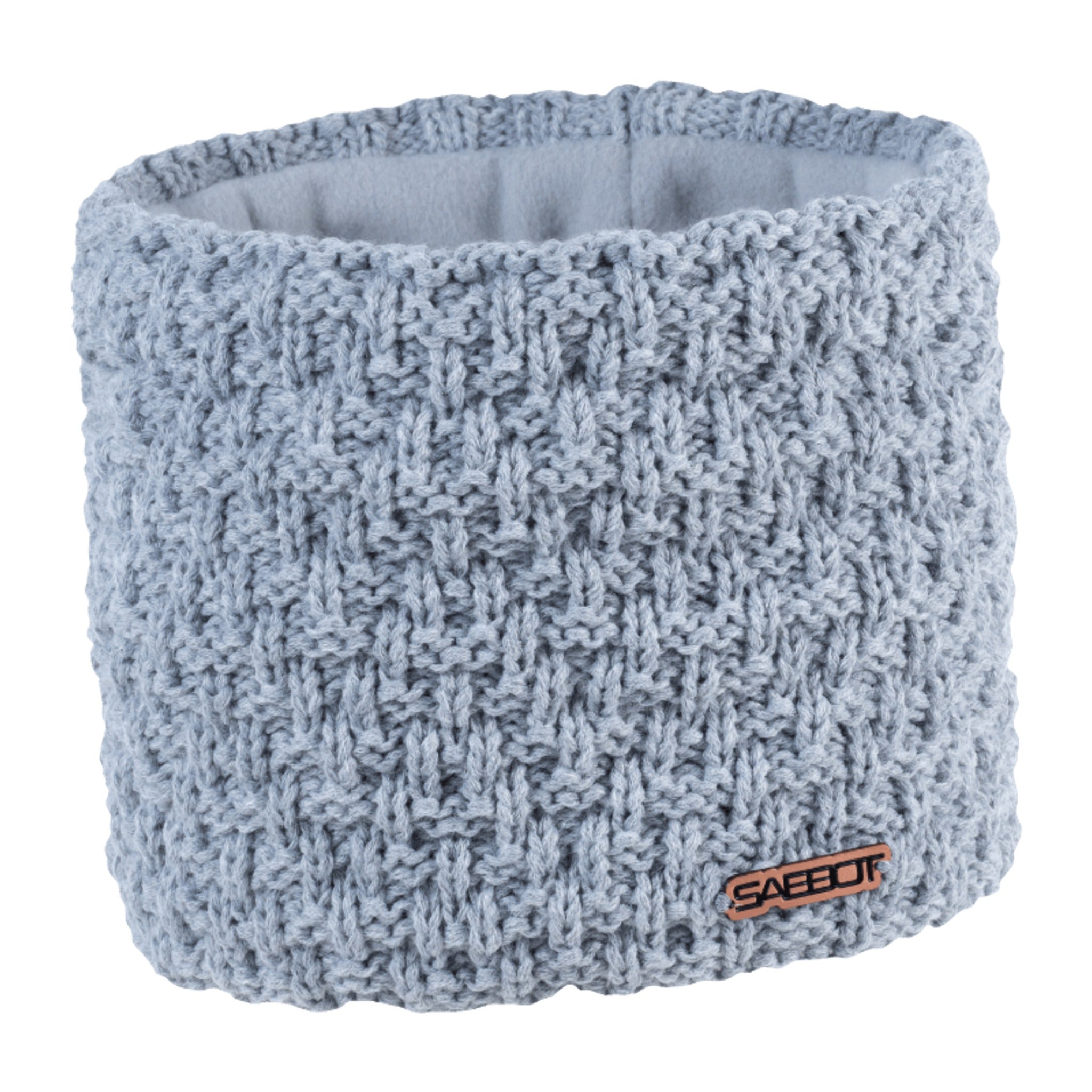 Petra overlap knit snood with copper badge, fleece lined, by Sabbot