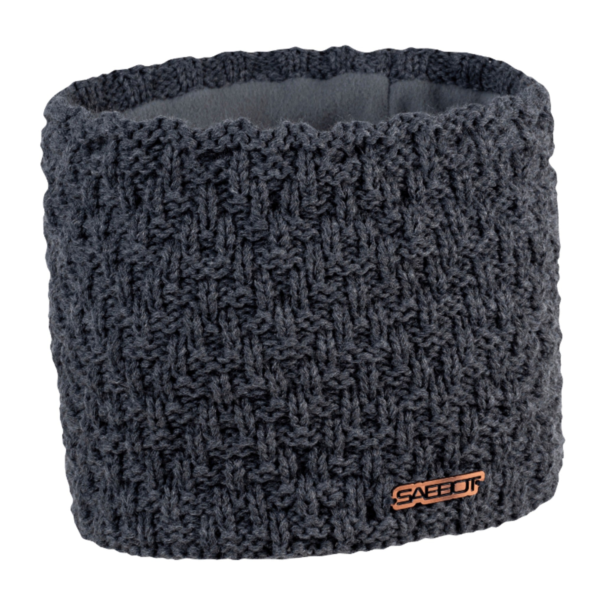 Petra overlap knit snood with copper badge, fleece lined, by Sabbot
