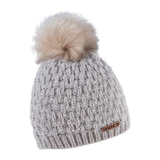 Petra overlap knit bobble hat with copper badge and faux fur pom pom, by Sabbot