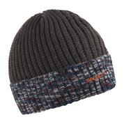 Morgan camo rib knit beanie with copper badge, by Sabbot