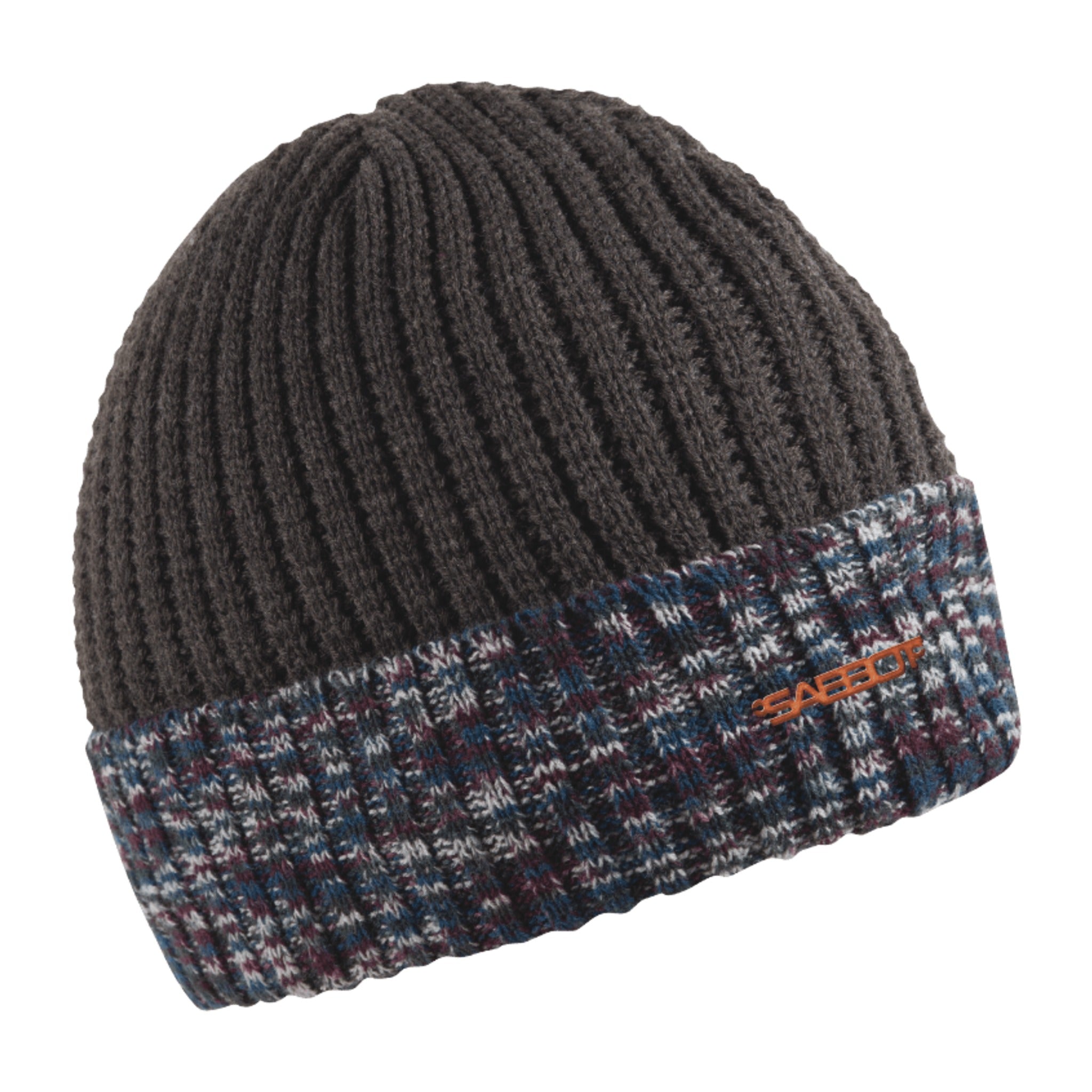 Morgan camo rib knit beanie with copper badge, by Sabbot