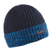 Morgan camo rib knit beanie with copper badge, by Sabbot