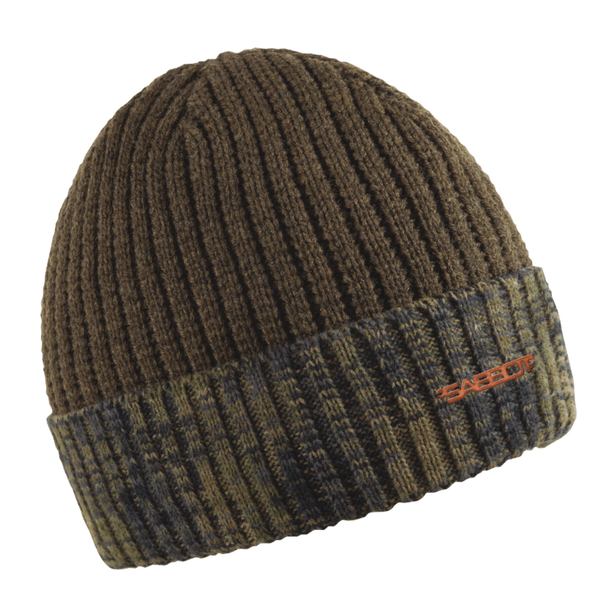 Morgan camo rib knit beanie with copper badge, by Sabbot