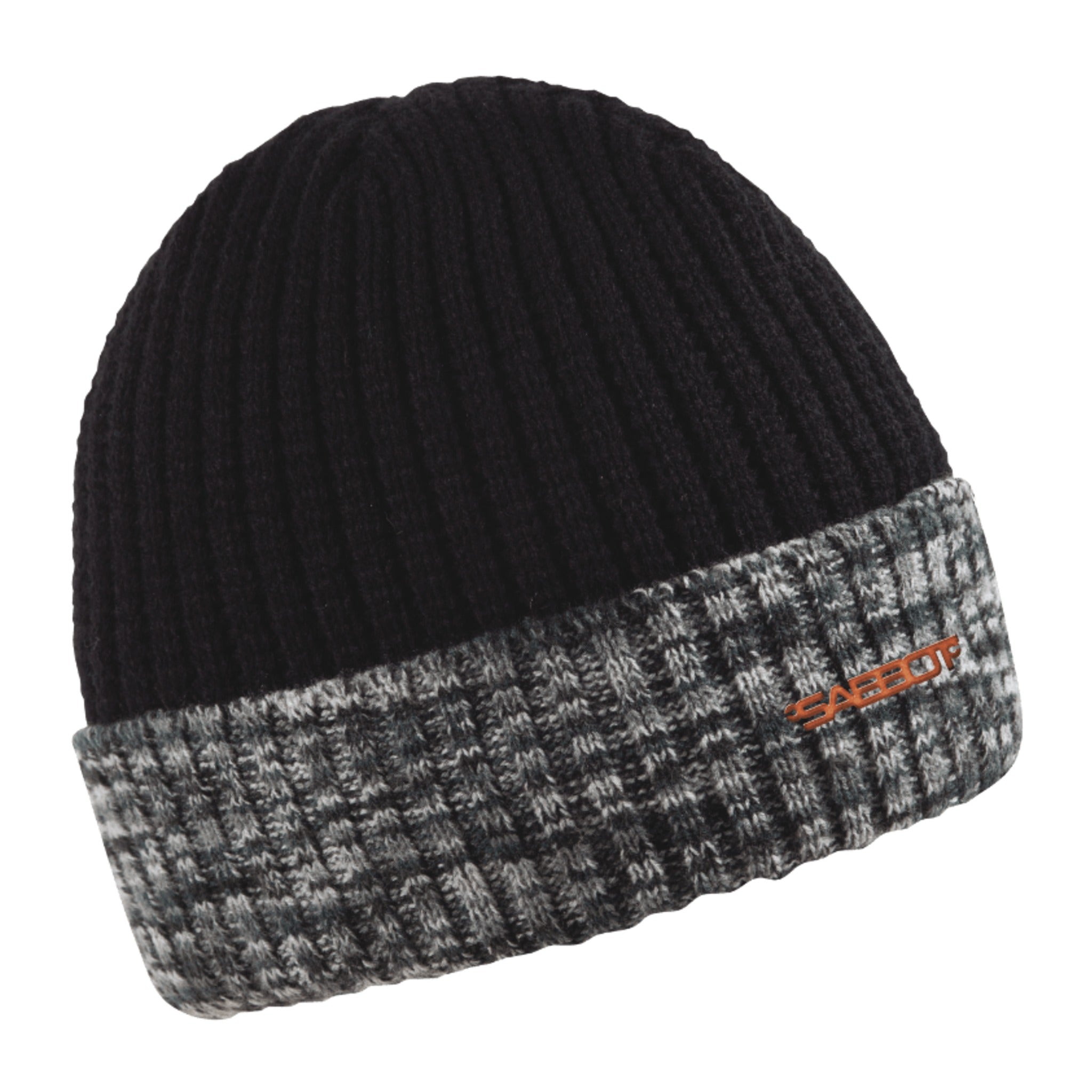 Morgan camo rib knit beanie with copper badge, by Sabbot