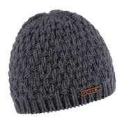 Petra textured knit beanie with copper badge, by Sabbot