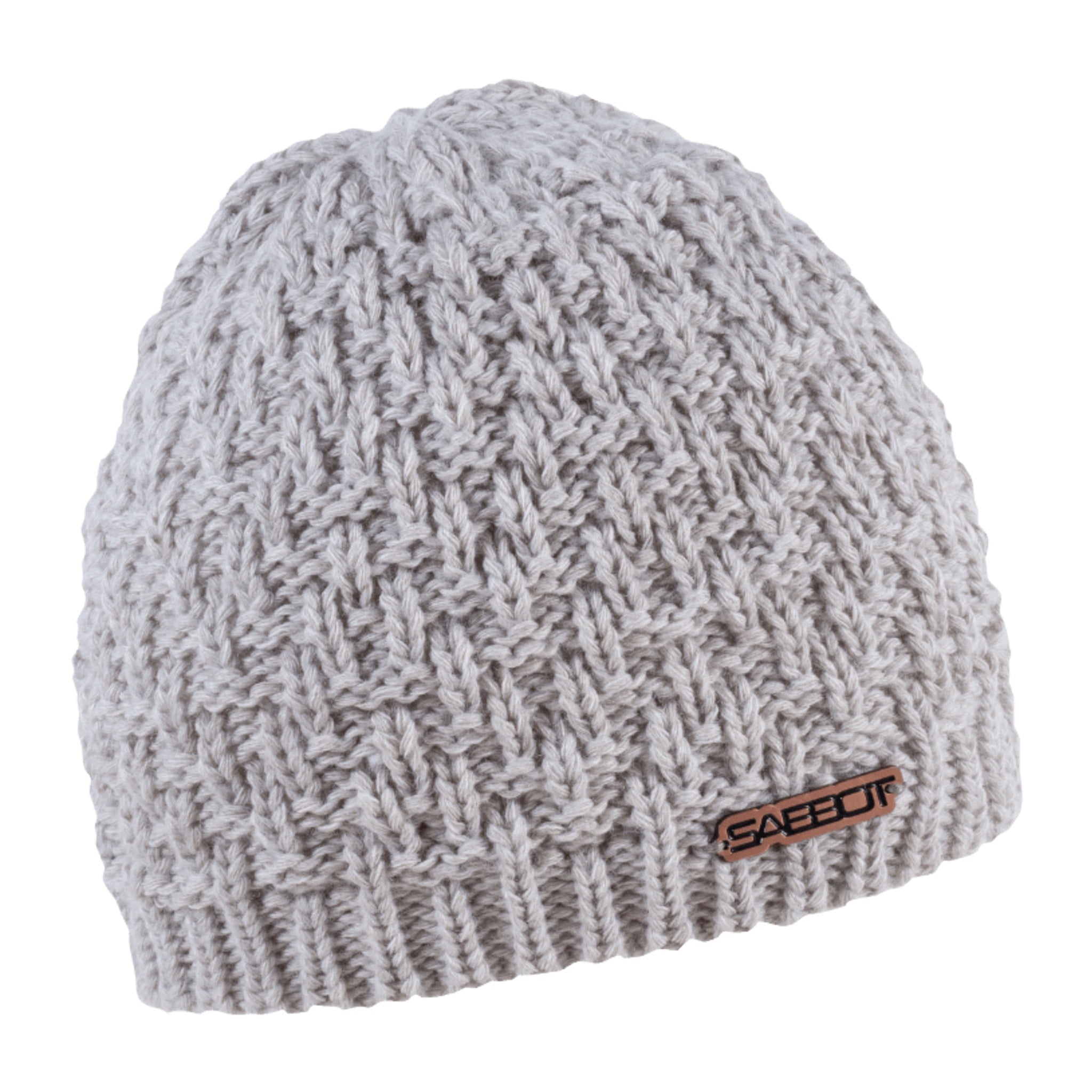 Petra textured knit beanie with copper badge, by Sabbot
