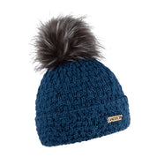 Petra Fold turn-up bobble hat with copper badge and faux fur pom pom, by Sabbot