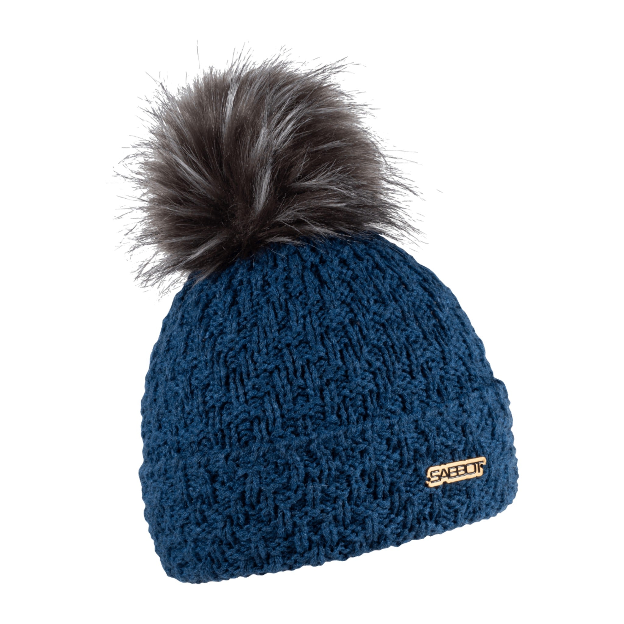 Petra Fold turn-up bobble hat with copper badge and faux fur pom pom, by Sabbot