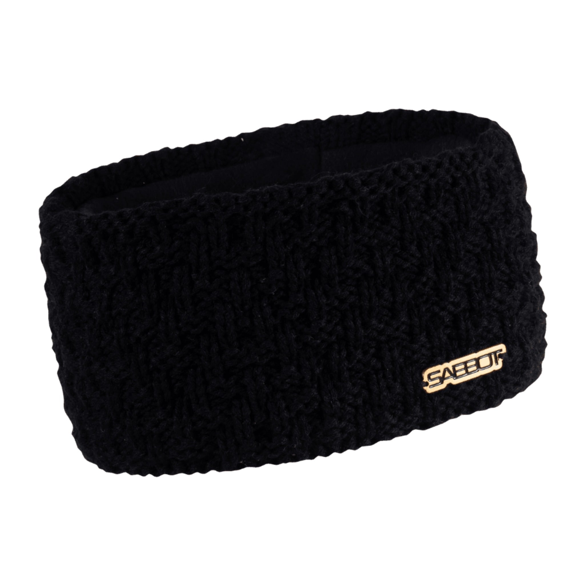 Petra overlap knit headband ear warmer with copper badge, by Sabbot