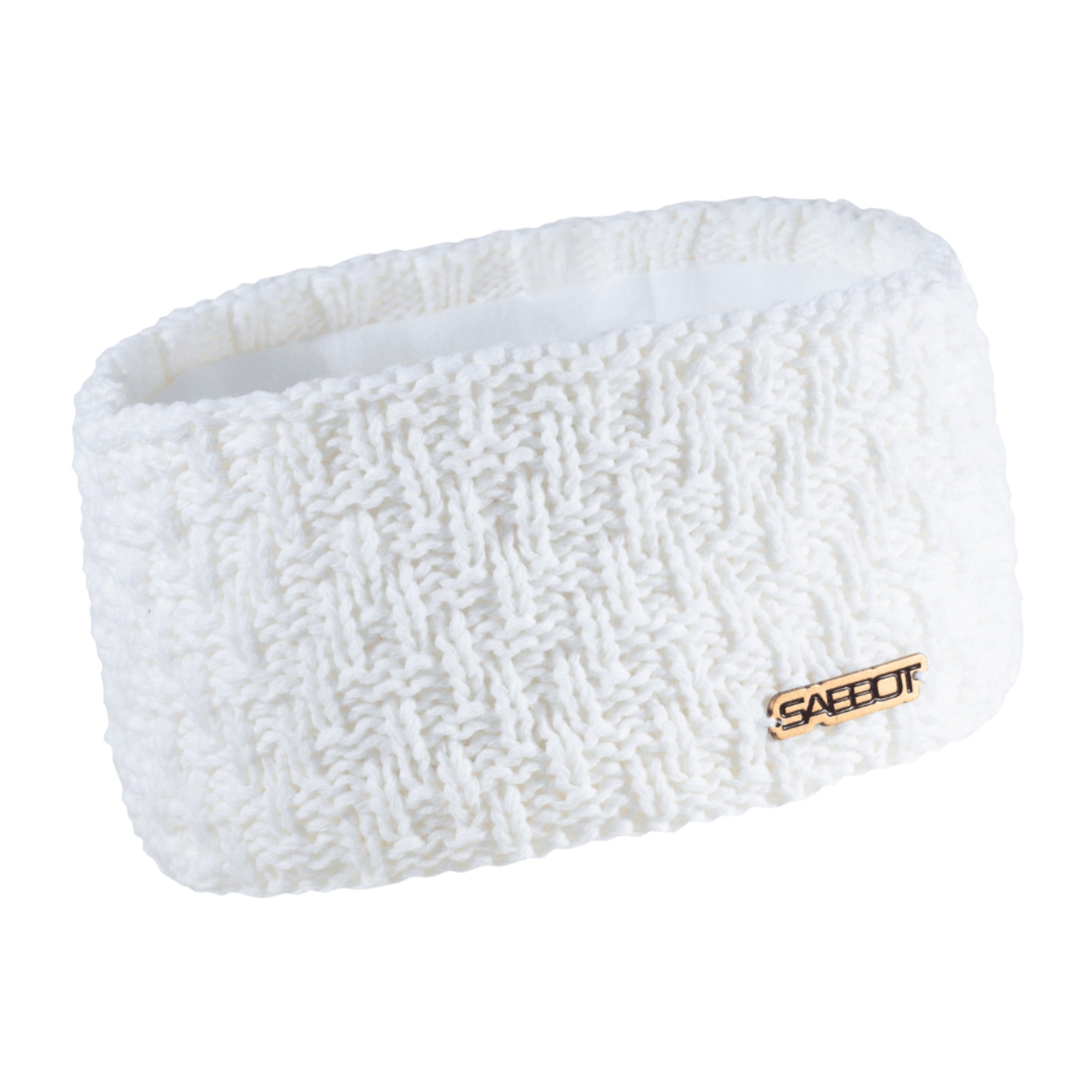 Petra overlap knit headband ear warmer with copper badge, by Sabbot