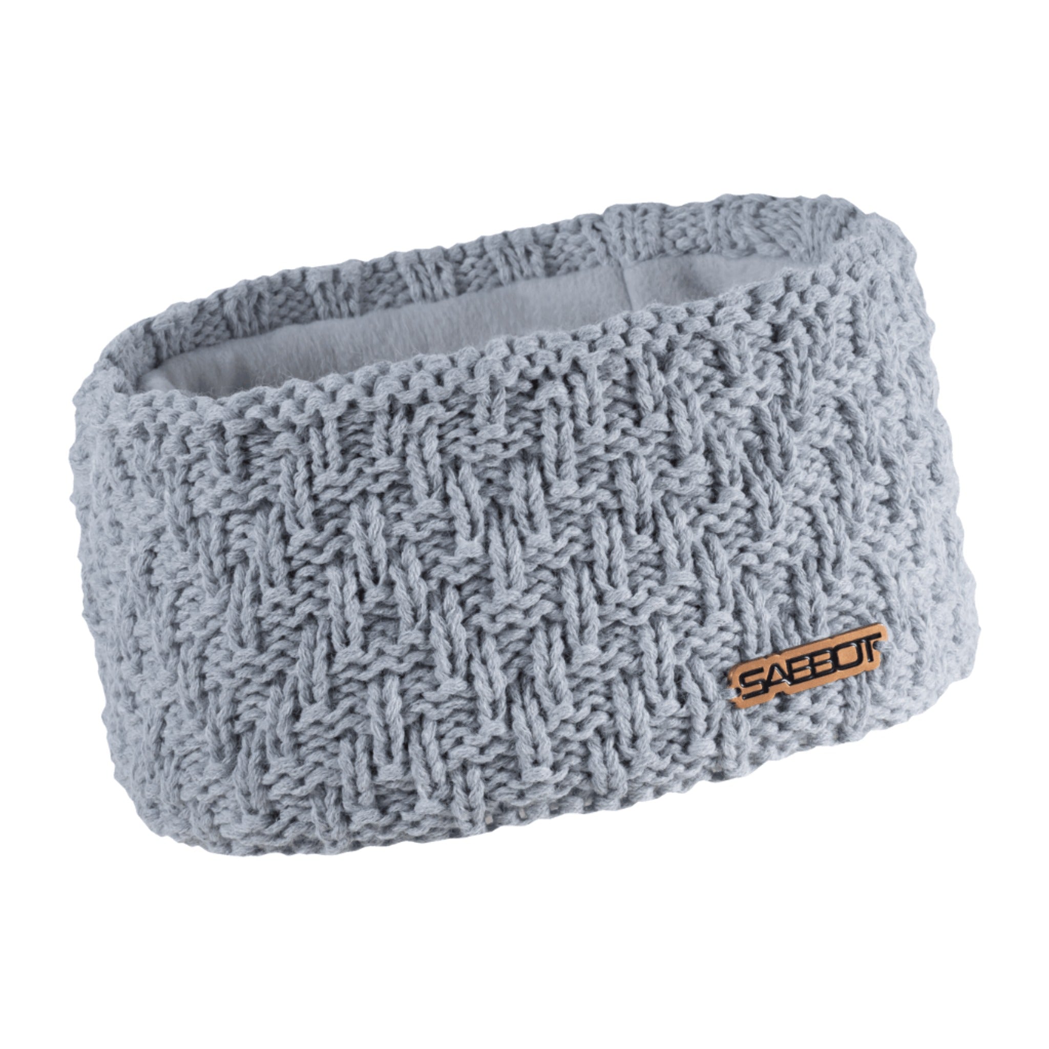 Petra overlap knit headband ear warmer with copper badge, by Sabbot