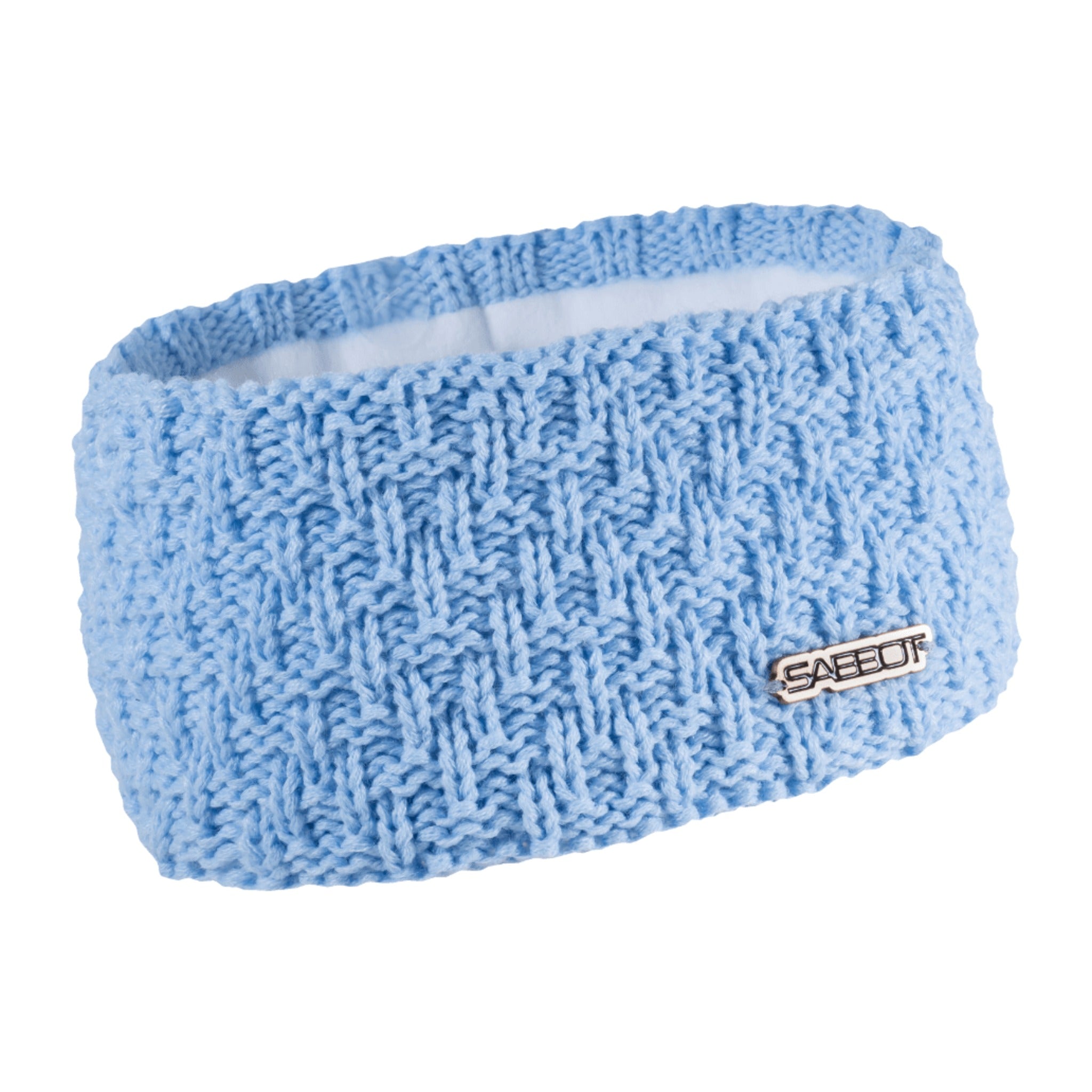 Petra overlap knit headband ear warmer with copper badge, by Sabbot