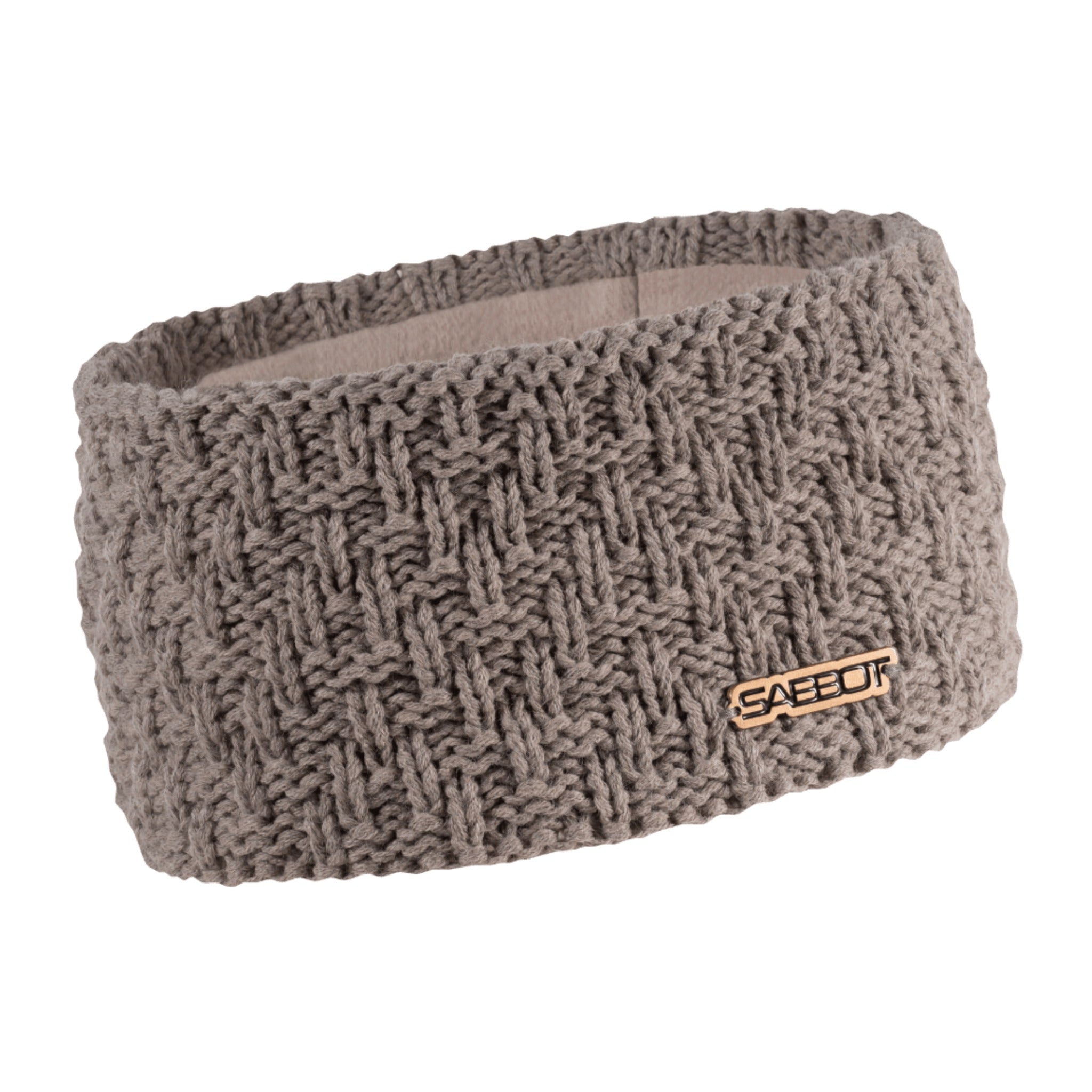 Petra overlap knit headband ear warmer with copper badge, by Sabbot