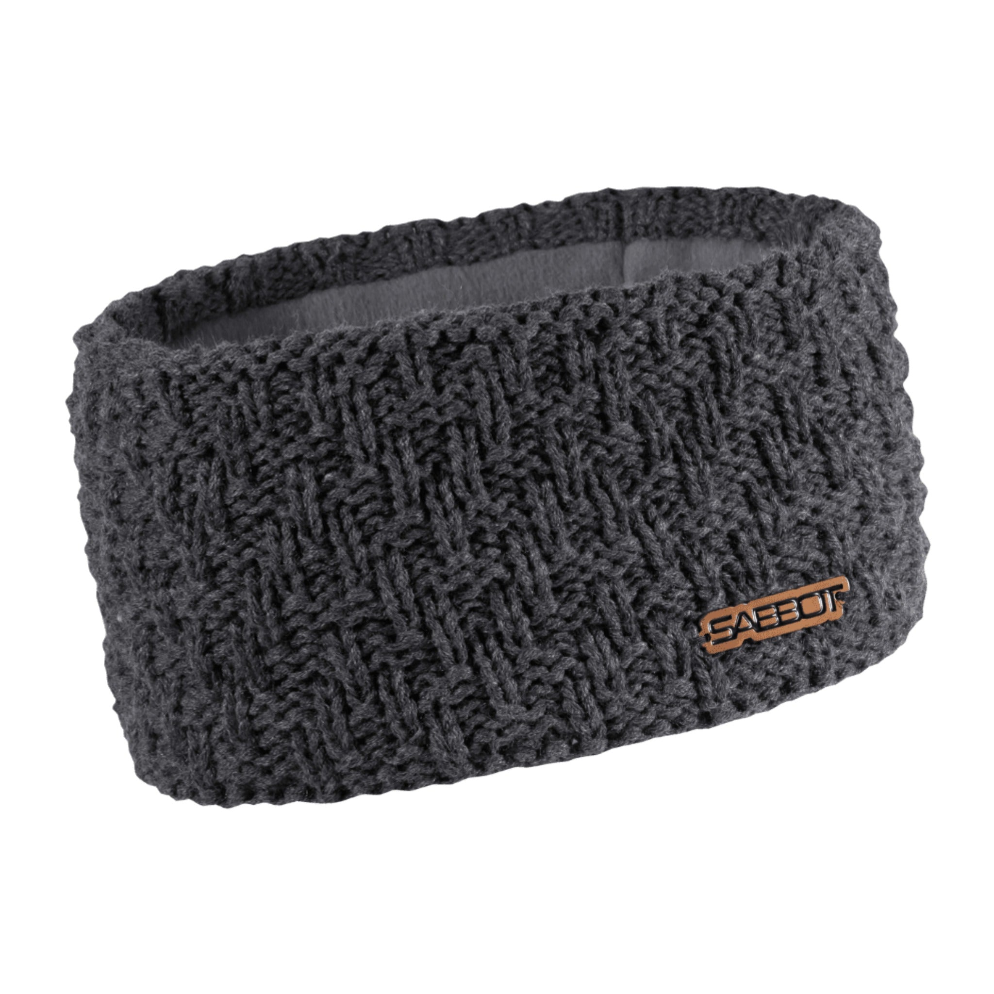 Petra overlap knit headband ear warmer with copper badge, by Sabbot