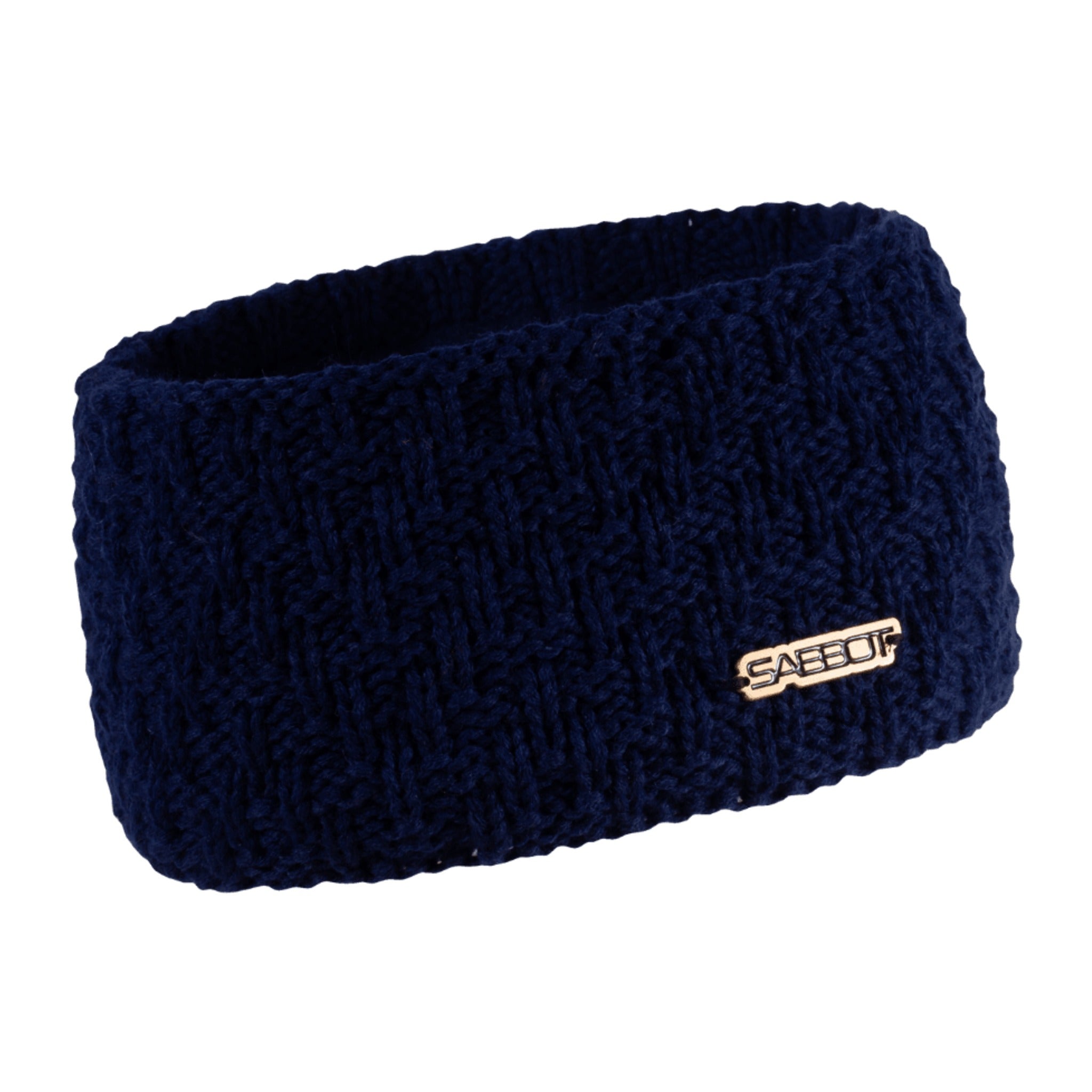 Petra overlap knit headband ear warmer with copper badge, by Sabbot