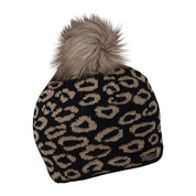 Saskia women's leopard print shimmer bobble hat with faux fur pom pom, by Sabbot
