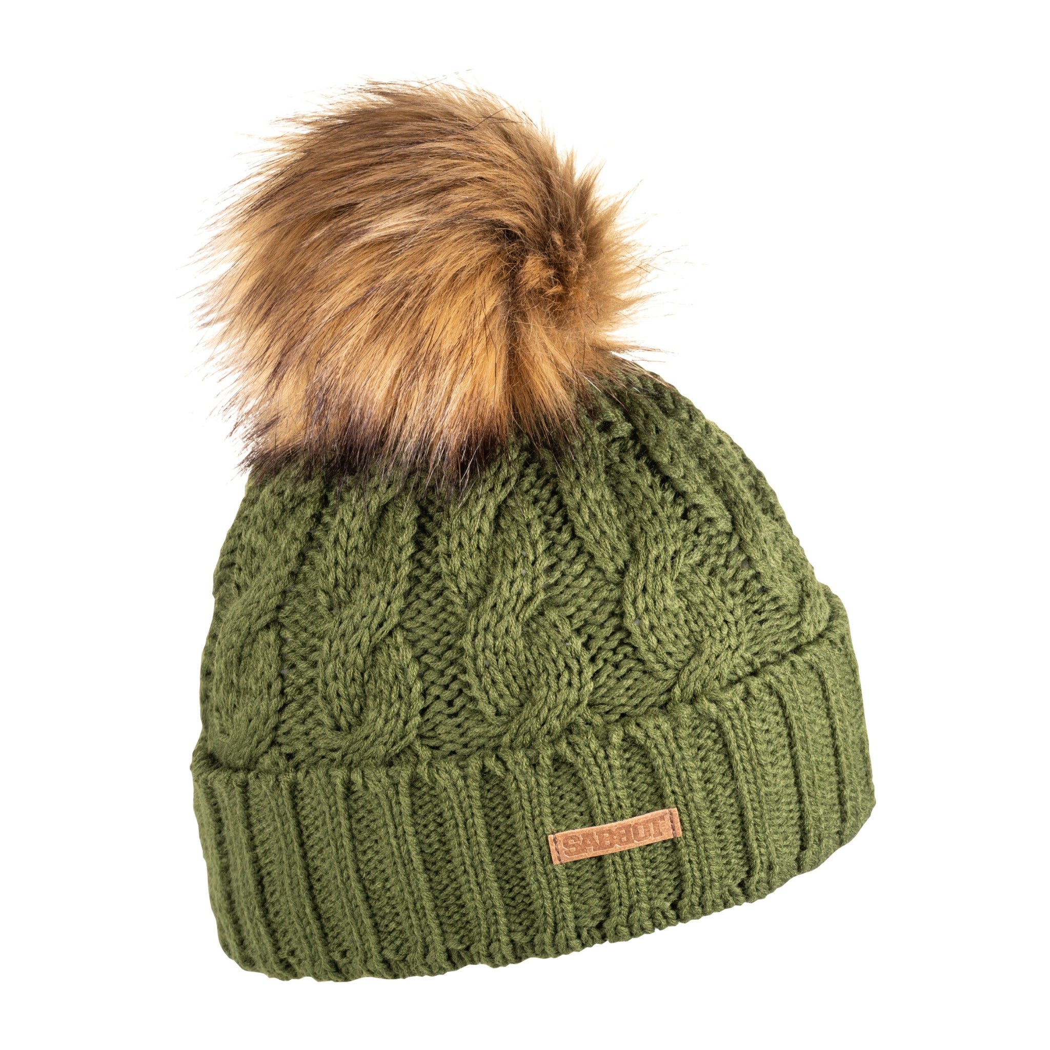 Linda women's cable knit bobble hat with faux fur pom pom, by Sabbot