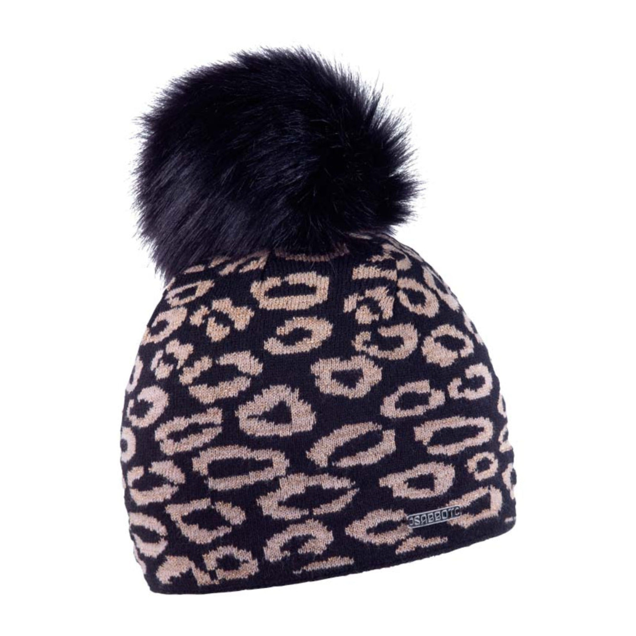 Saskia women's leopard print shimmer bobble hat with faux fur pom pom, by Sabbot