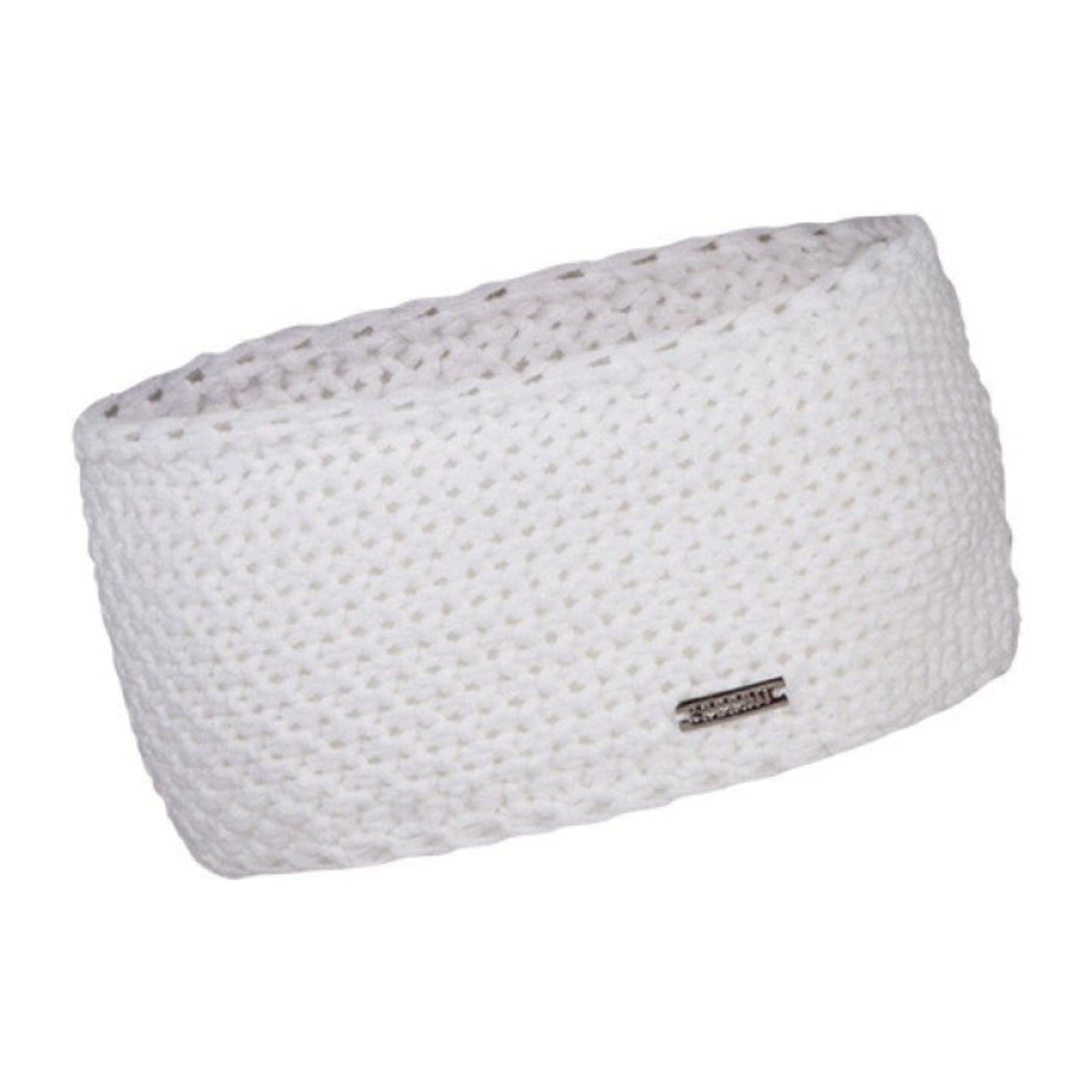 Sienna seed knit headband ear warmer with silver badge, by Sabbot
