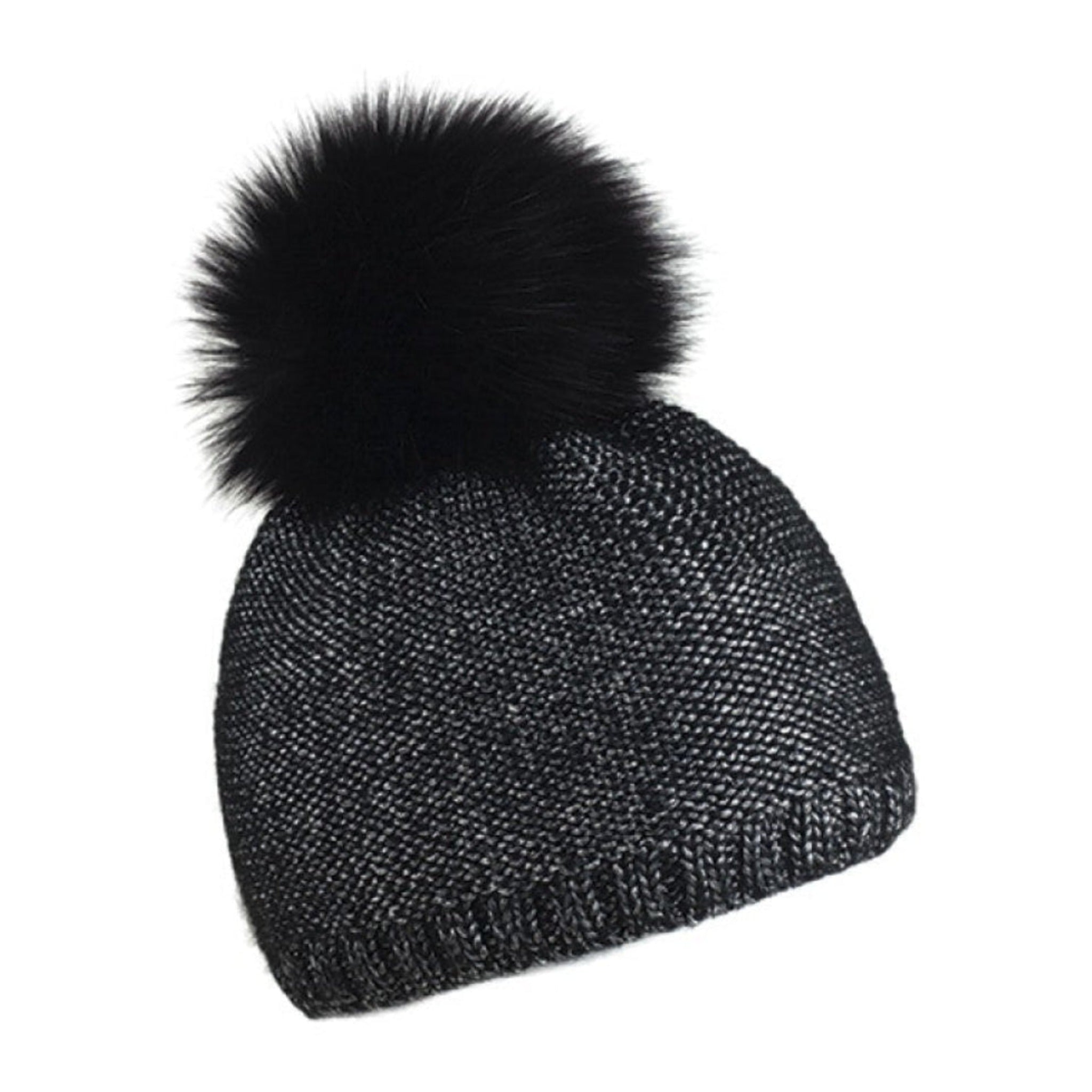 Smooth Metallic mohair blend bobble hat with faux fur pom pom, by Sabbot