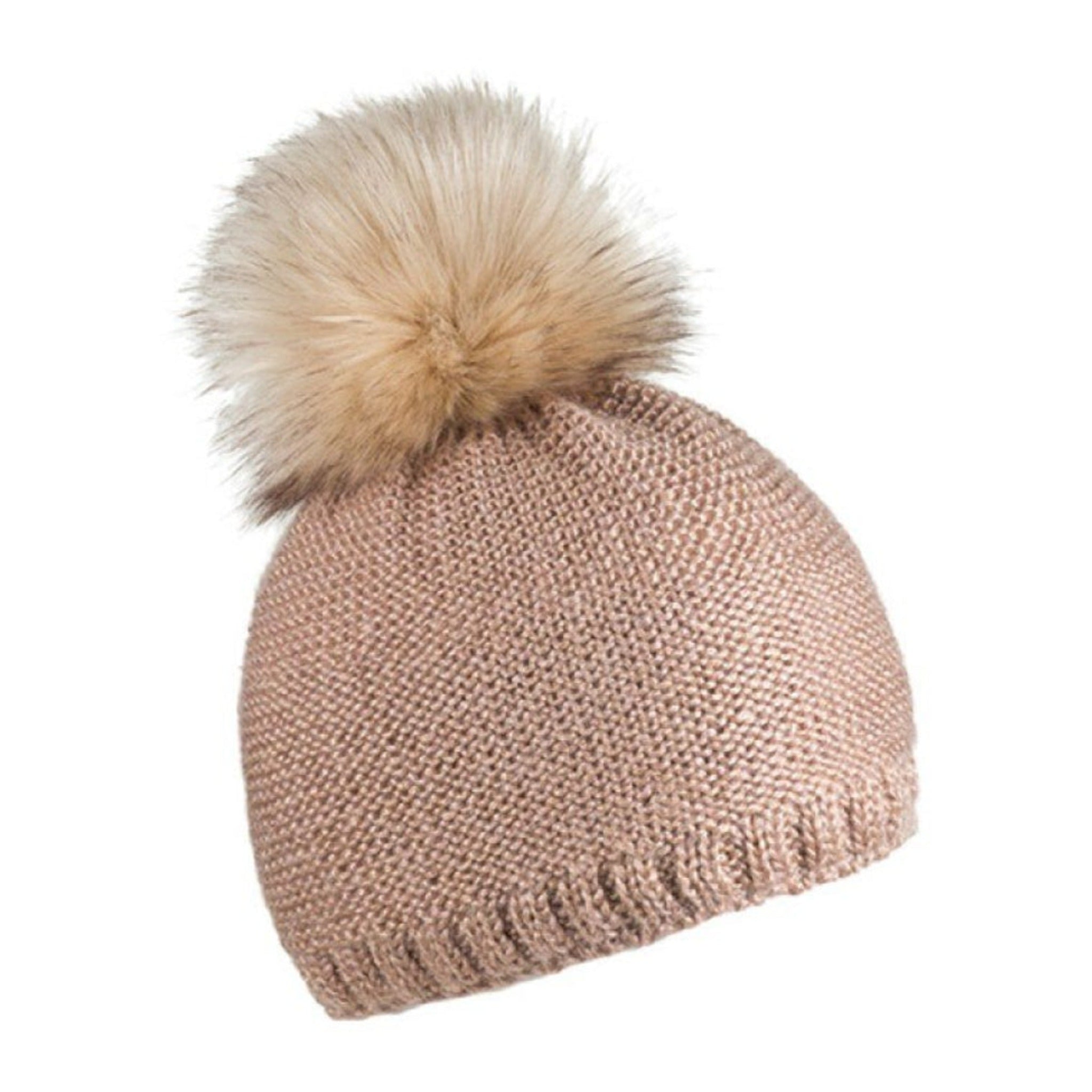 Smooth Metallic mohair blend bobble hat with faux fur pom pom, by Sabbot