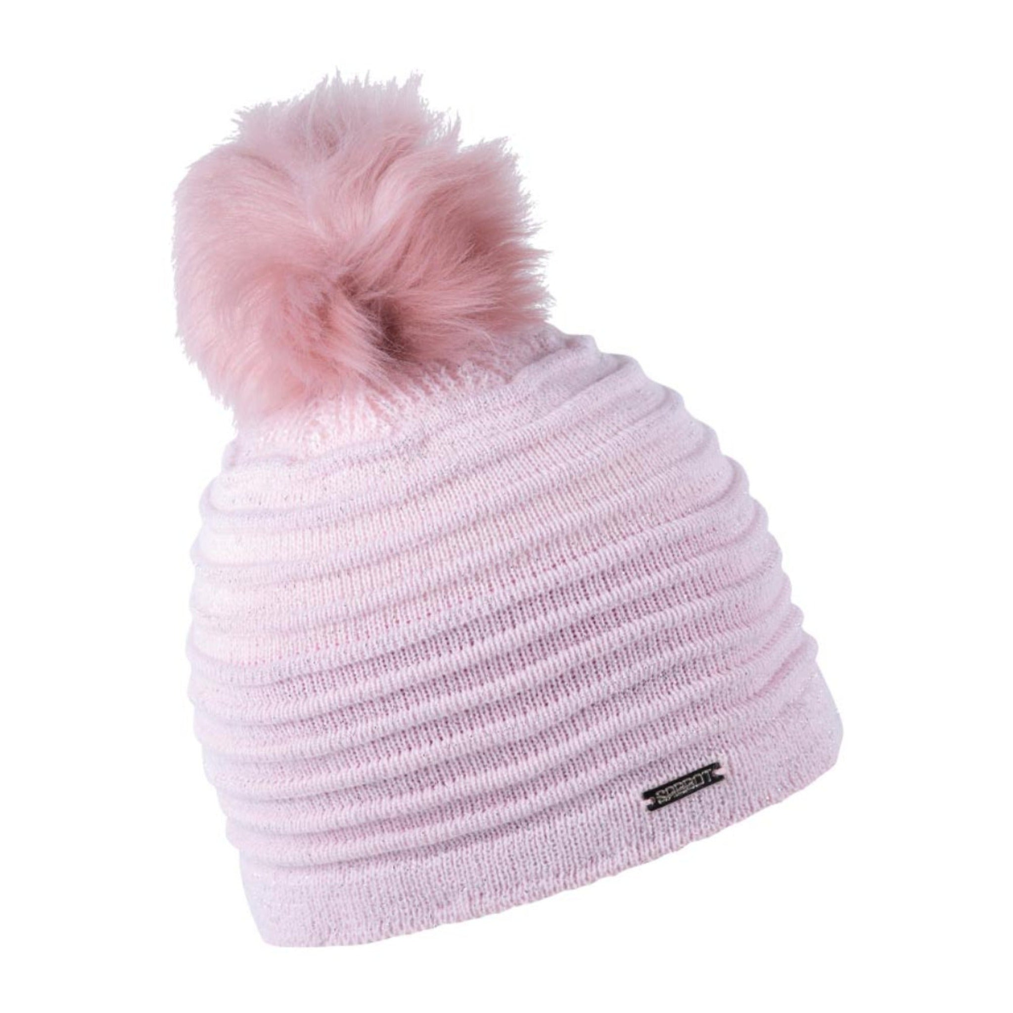 Blanka women's sparkle knit bobble hat with faux fur pom pom, by Sabbot
