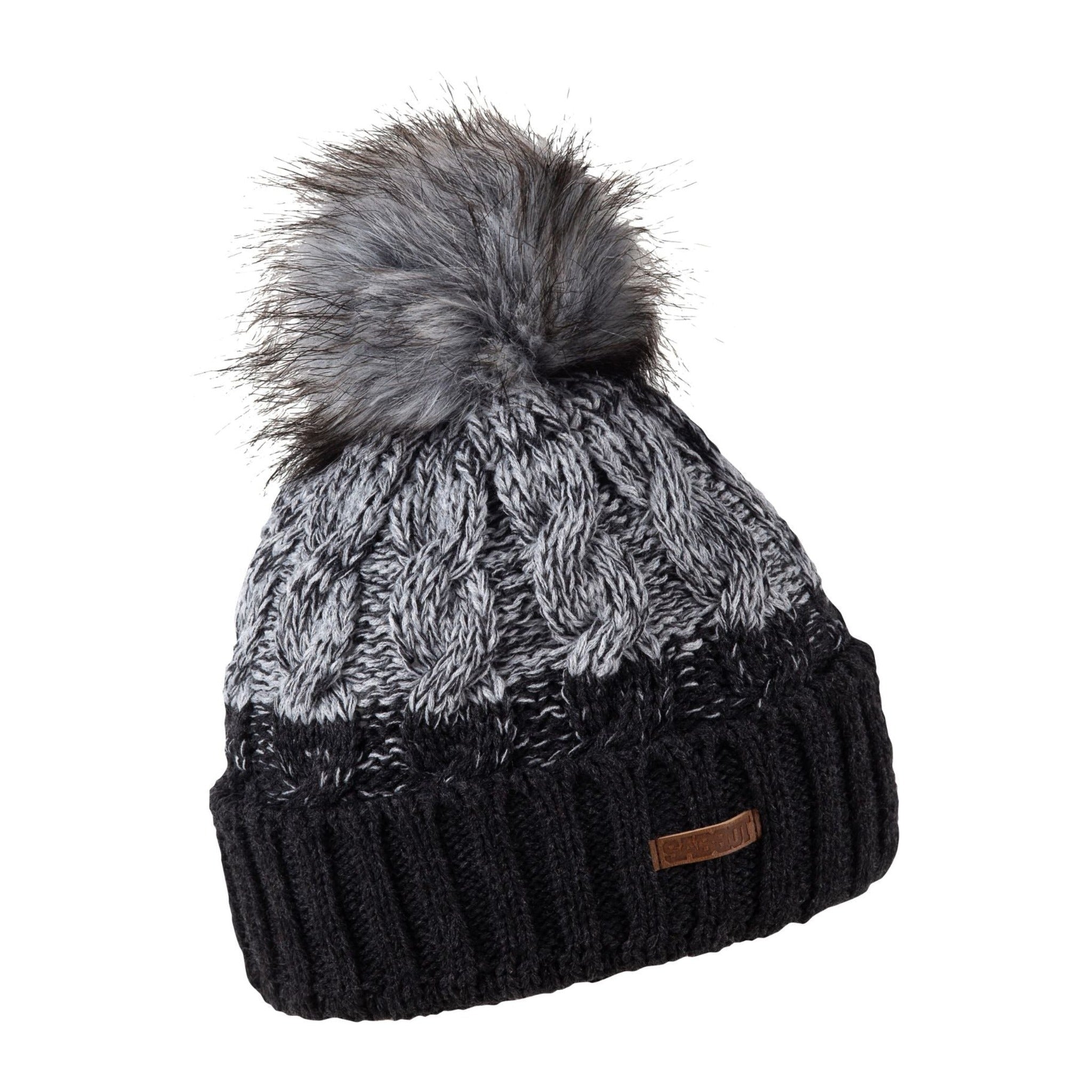 Zuzana women's two-tone cable knit bobble hat with faux fur pom pom, by Sabbot