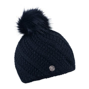 Marta women's spiral rib bobble hat with metal badge and faux fur pom pom, by Sabbot