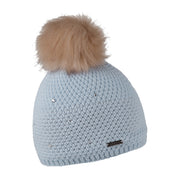 Sigrid women's knit bobble hat with metal badge and faux fur pom pom, by Sabbot