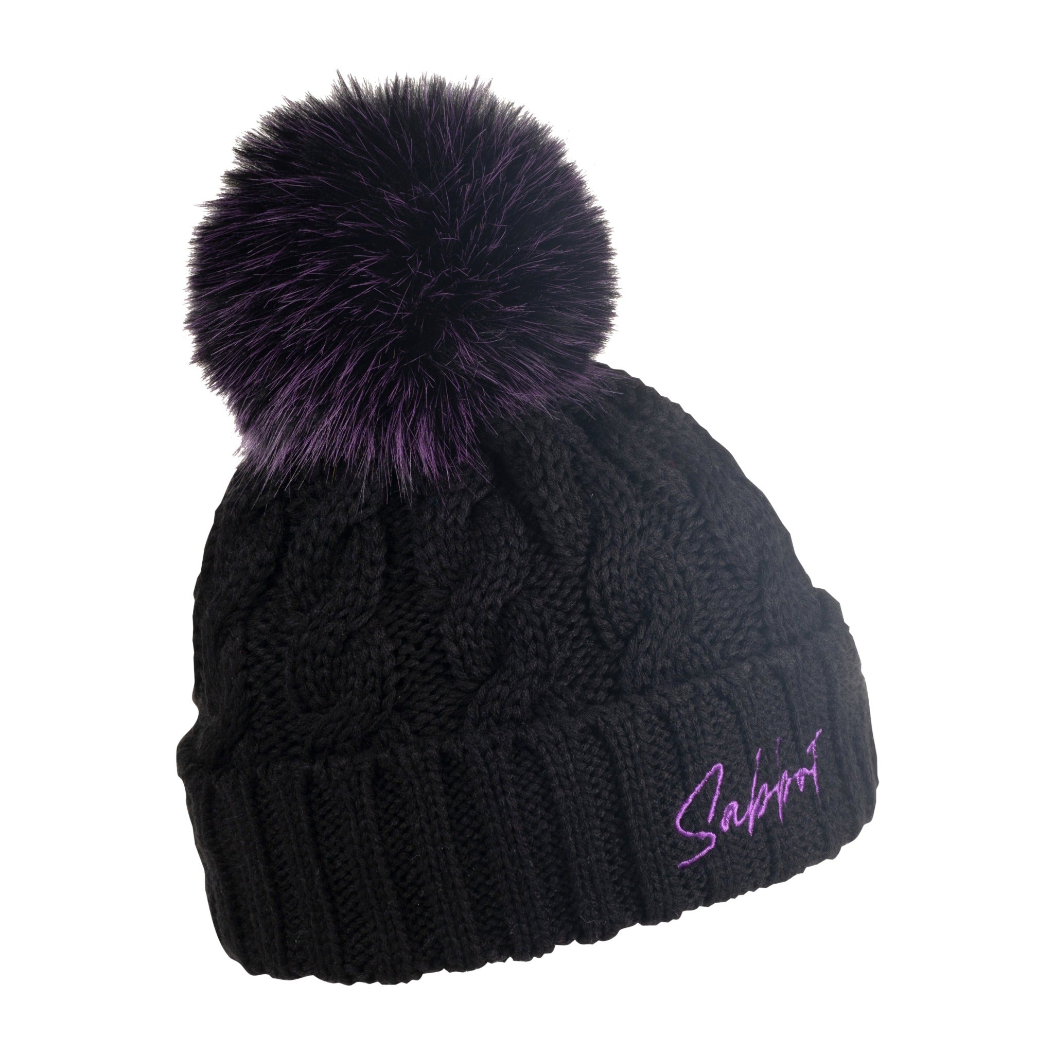 Linda black cable knit bobble hat with purple Sabbot script and purple faux fur pom pom, by Sabbot