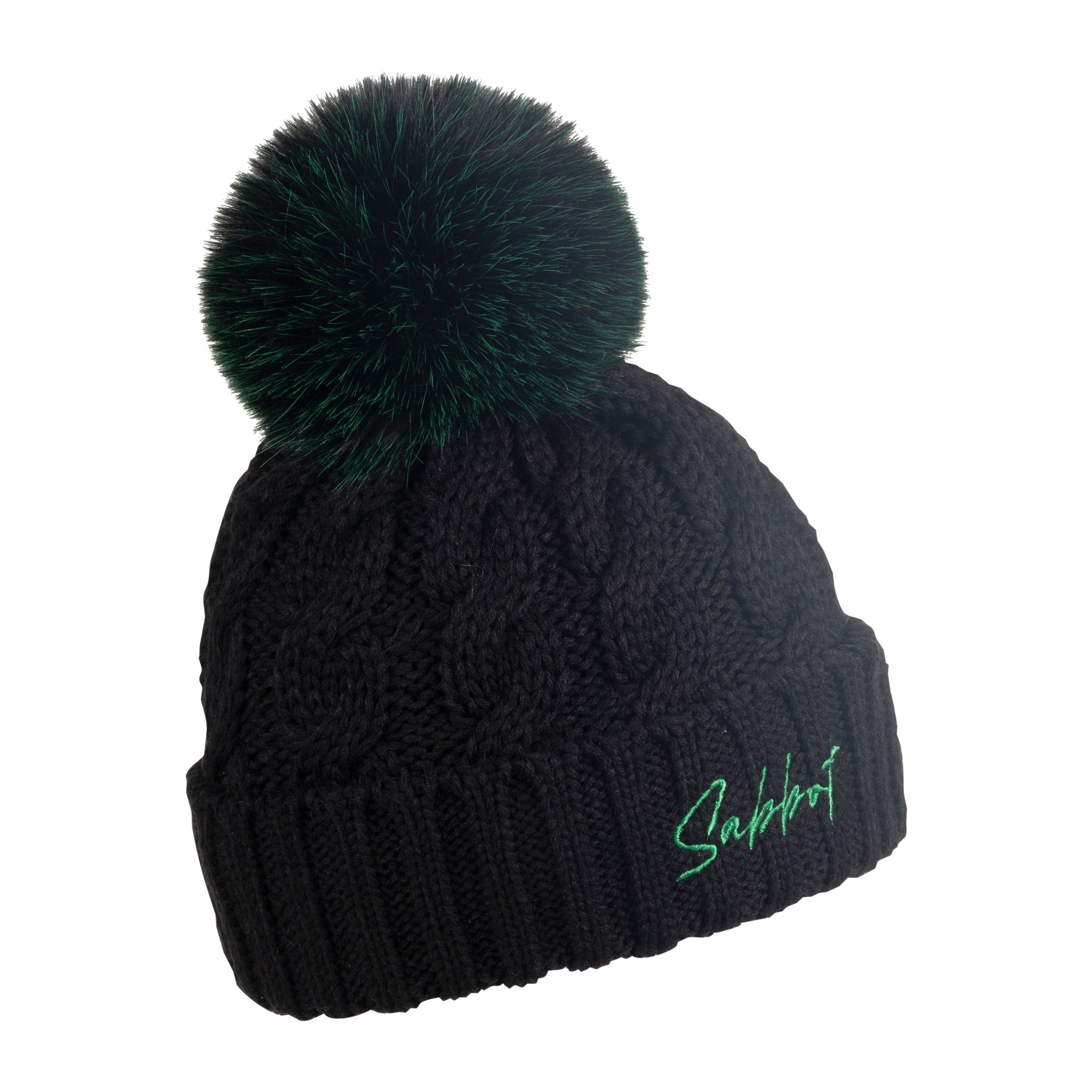 Linda black cable knit bobble hat with green Sabbot script and green faux fur pom pom, by Sabbot