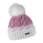 Zuzana women's two-tone cable knit bobble hat in White/Pink with faux fur pom pom, by Sabbot
