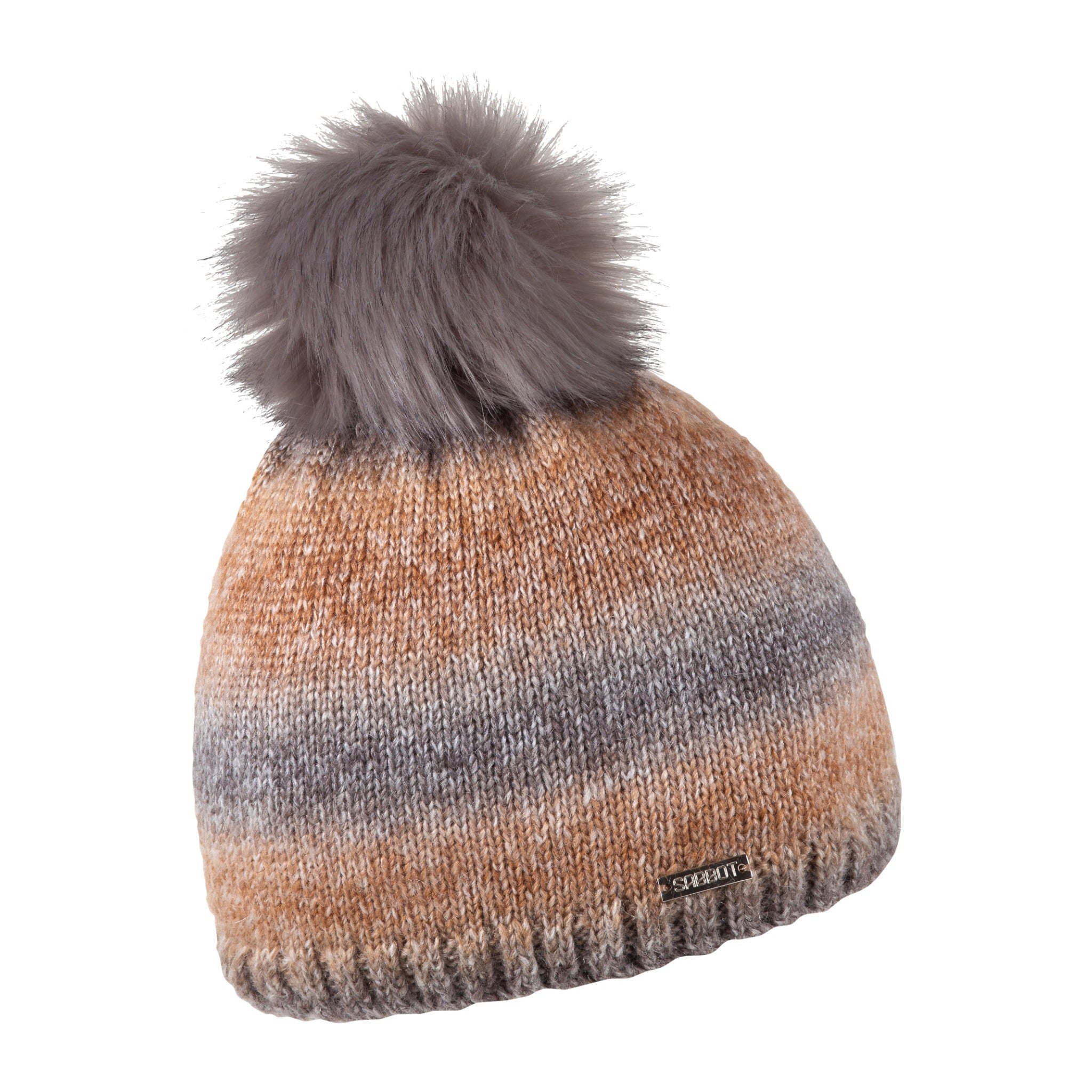 Karla women's knit bobble hat in Brown with rainbow faux fur pom pom, by Sabbot