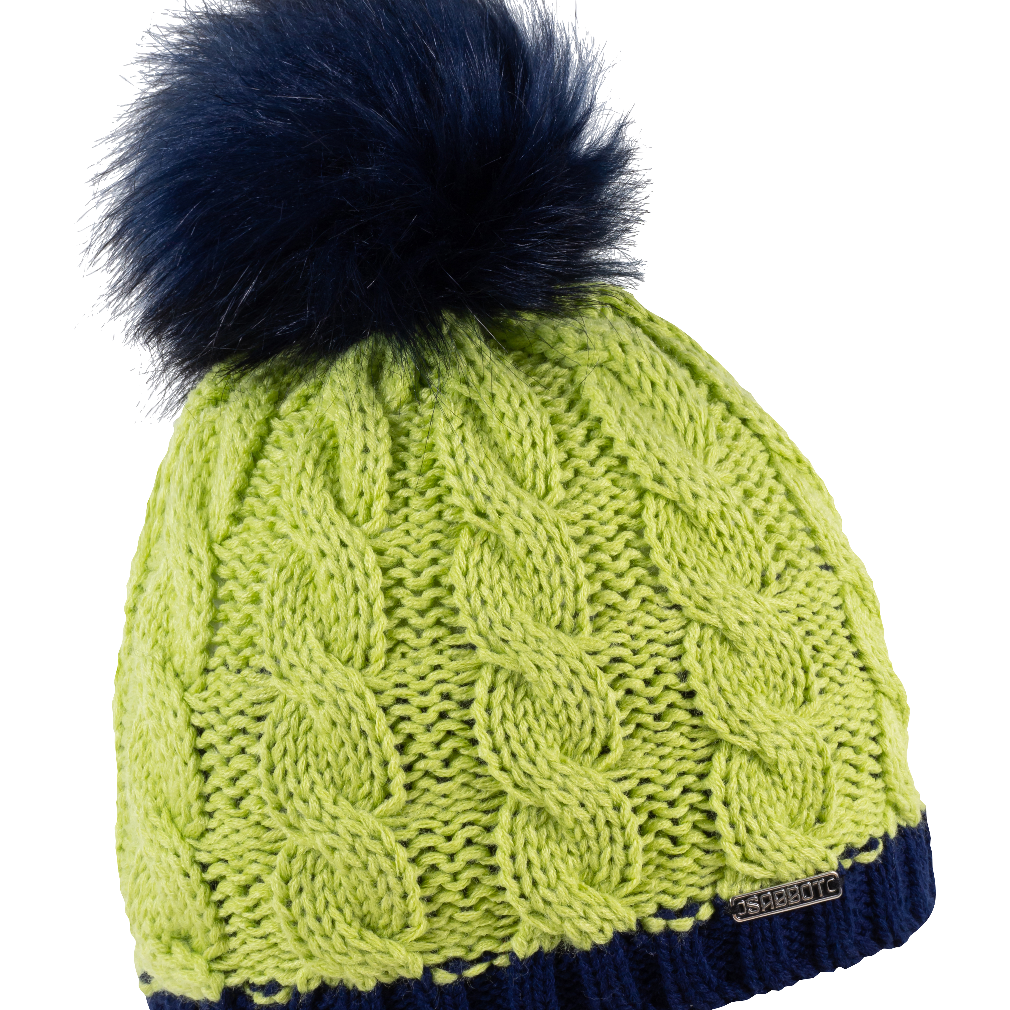 Navy with faux fur pom pom, by Sabbot