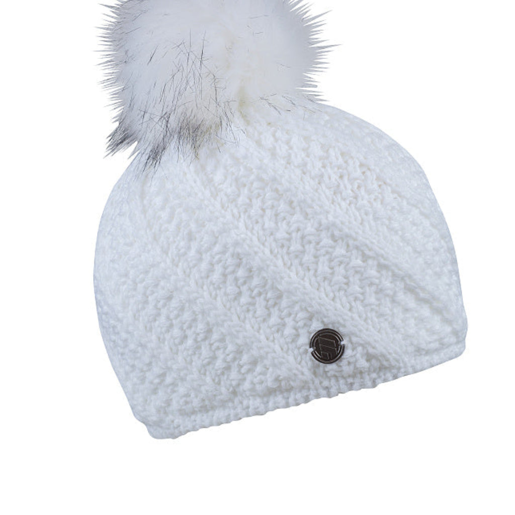 Marta women's spiral rib bobble hat with metal badge and faux fur pom pom, by Sabbot