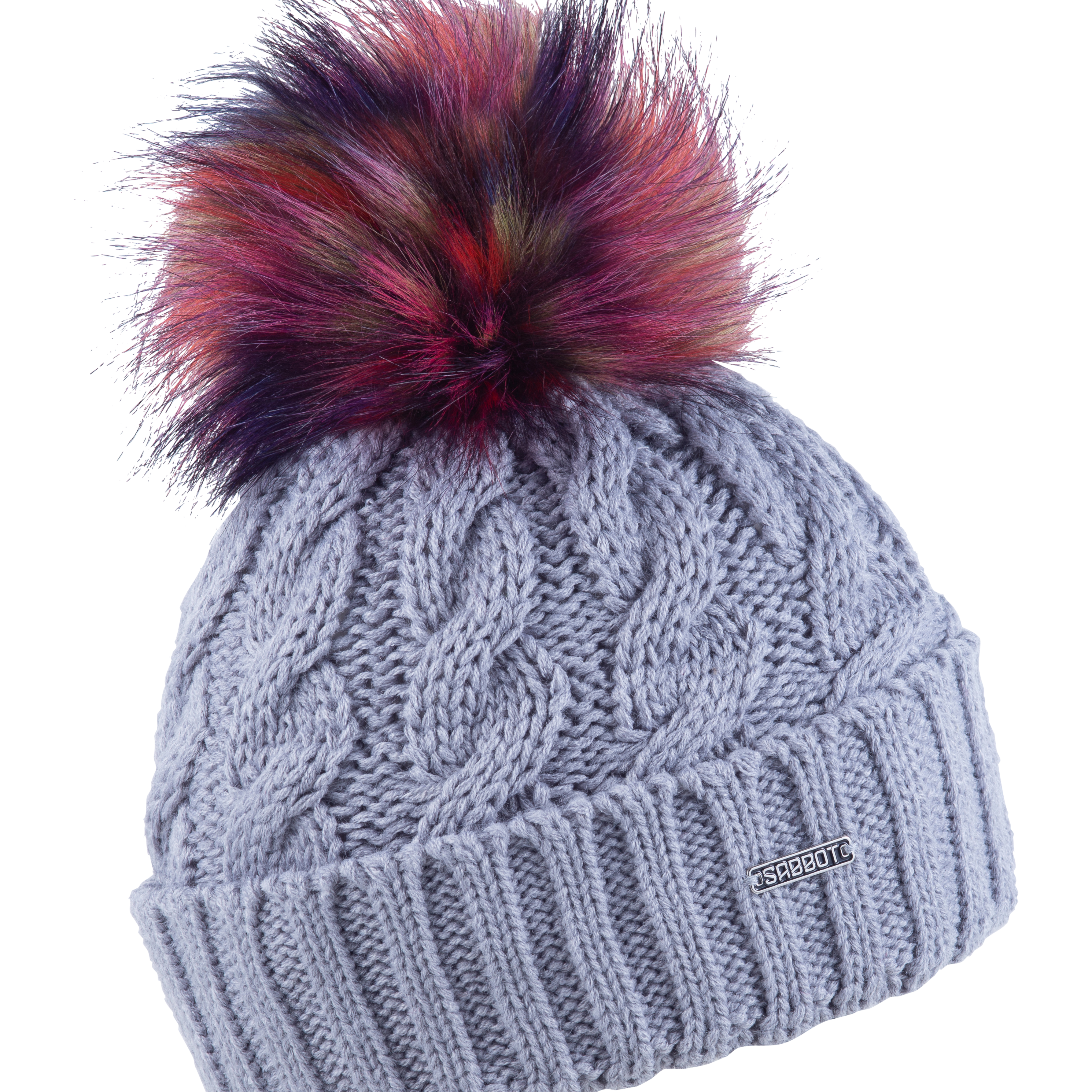 Linda Rainbow cable knit bobble hat in Light Grey with rainbow faux fur pom pom, by Sabbot