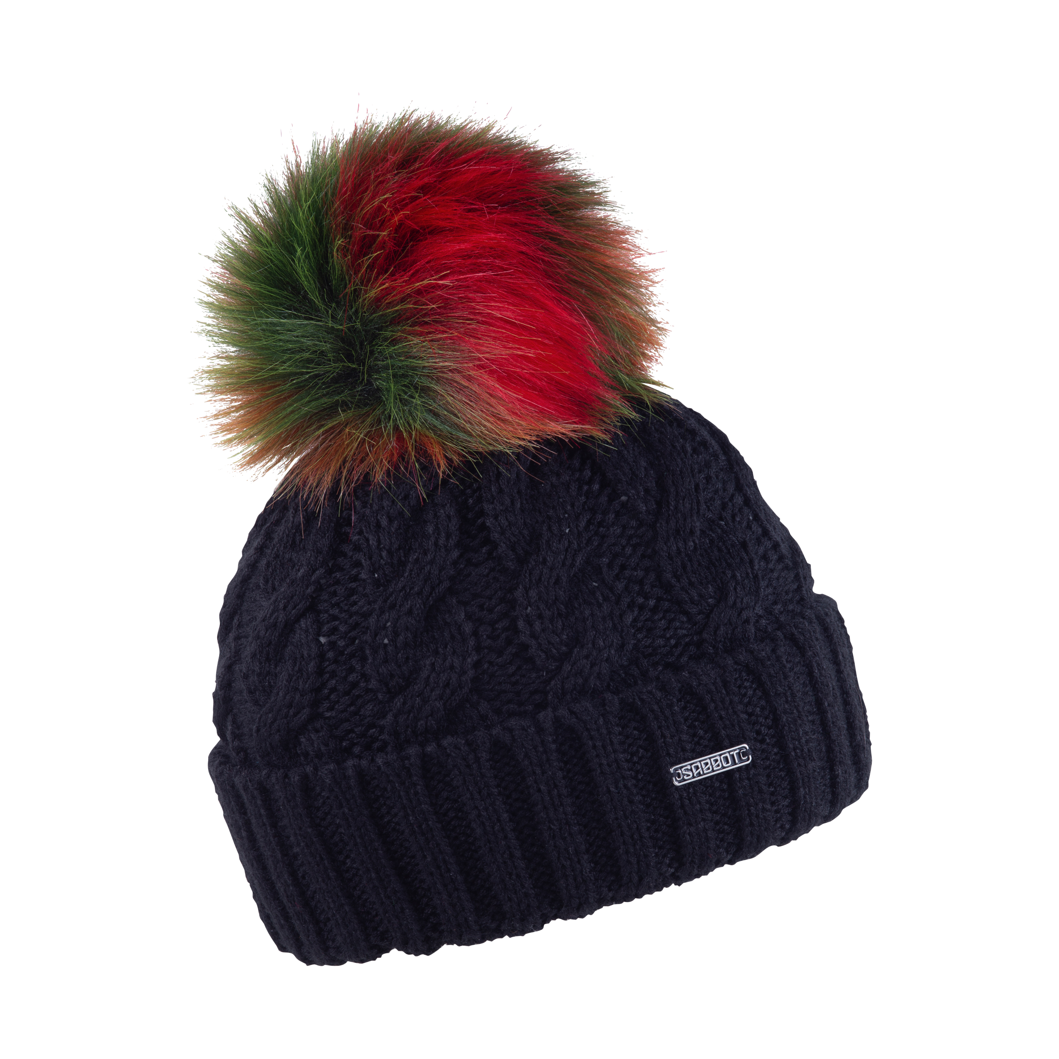Linda Rainbow cable knit bobble hat in Black with rainbow faux fur pom pom, by Sabbot