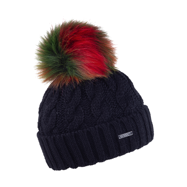 Linda Rainbow cable knit bobble hat in Black with rainbow faux fur pom pom, by Sabbot