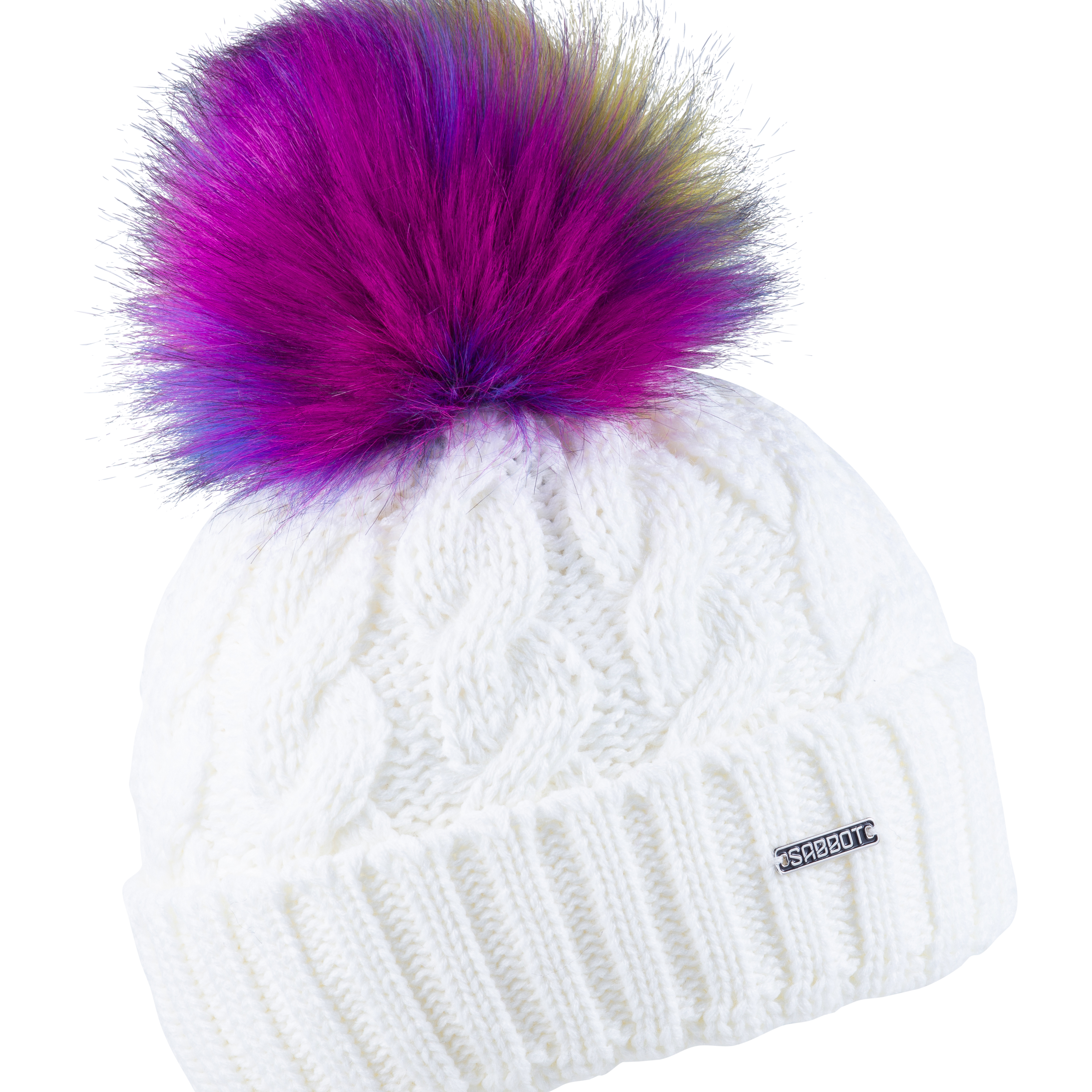 Linda Rainbow cable knit bobble hat in White with rainbow faux fur pom pom, by Sabbot